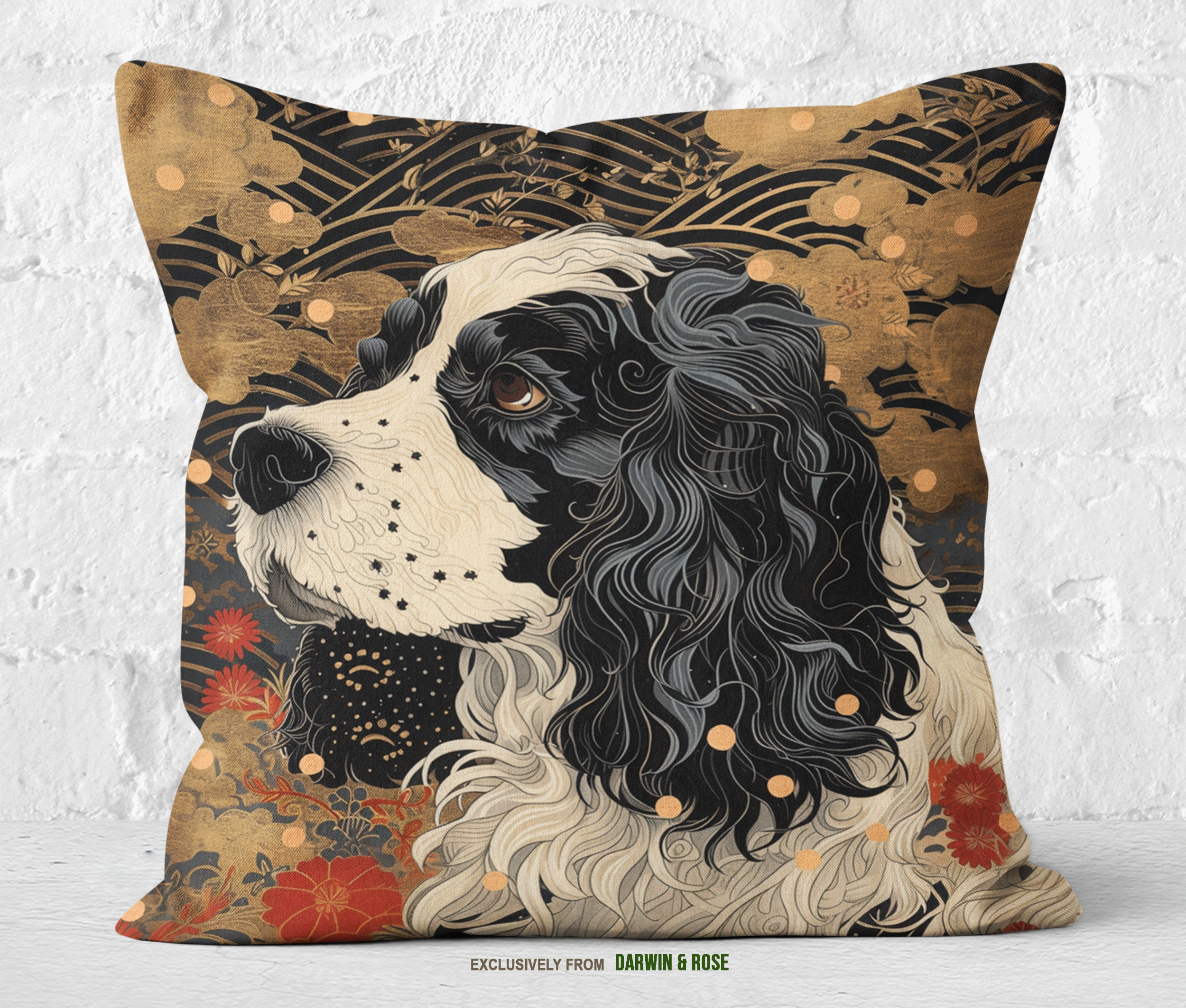Elegant Cocker Spaniel Throw Pillow – Modern Floral Décor Accent