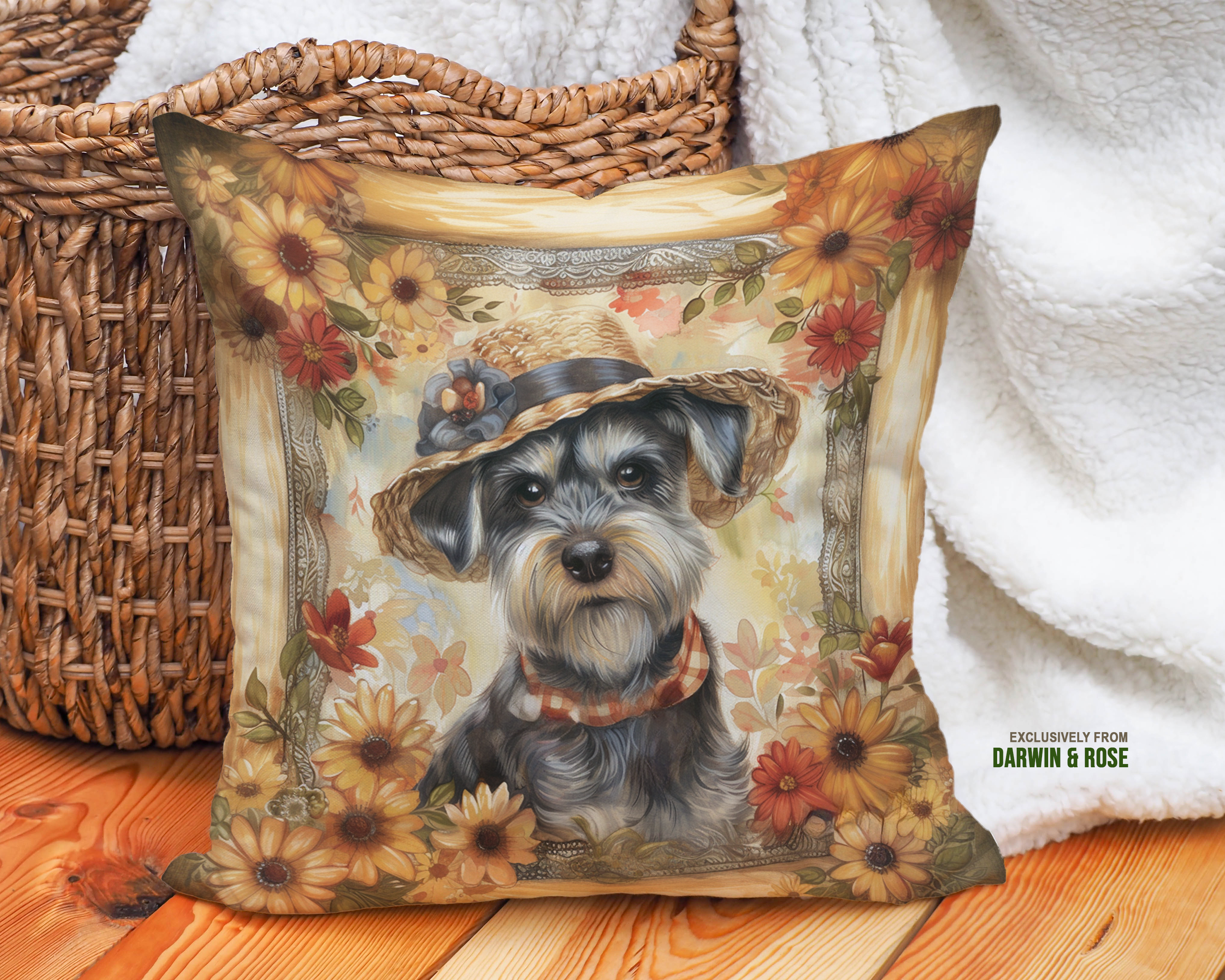 Schnauzer Autumn Blooms Decorative Throw Pillow