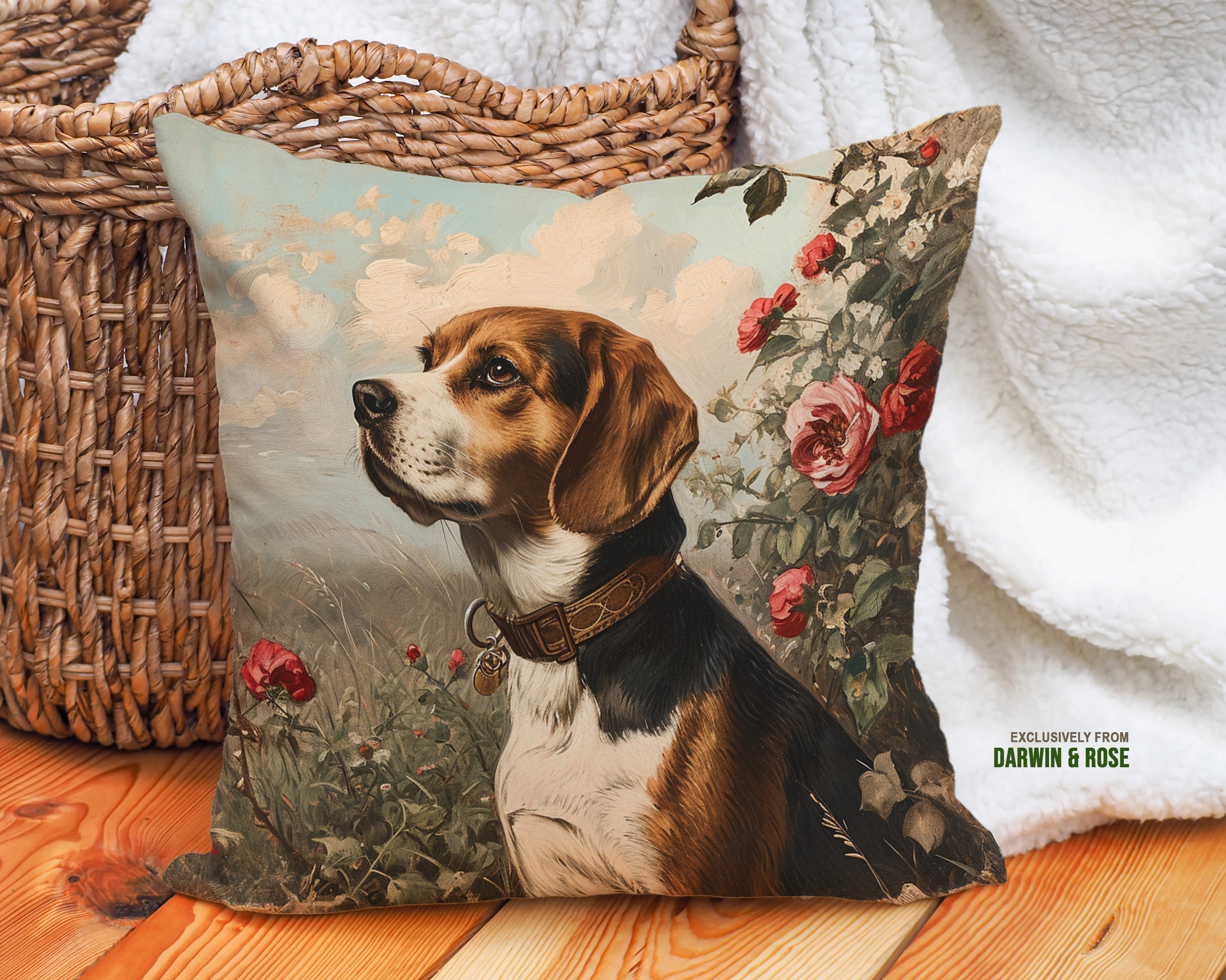 Beagle Bliss Farmhouse Throw Pillow – Rustic Floral Charm for Dog Lovers