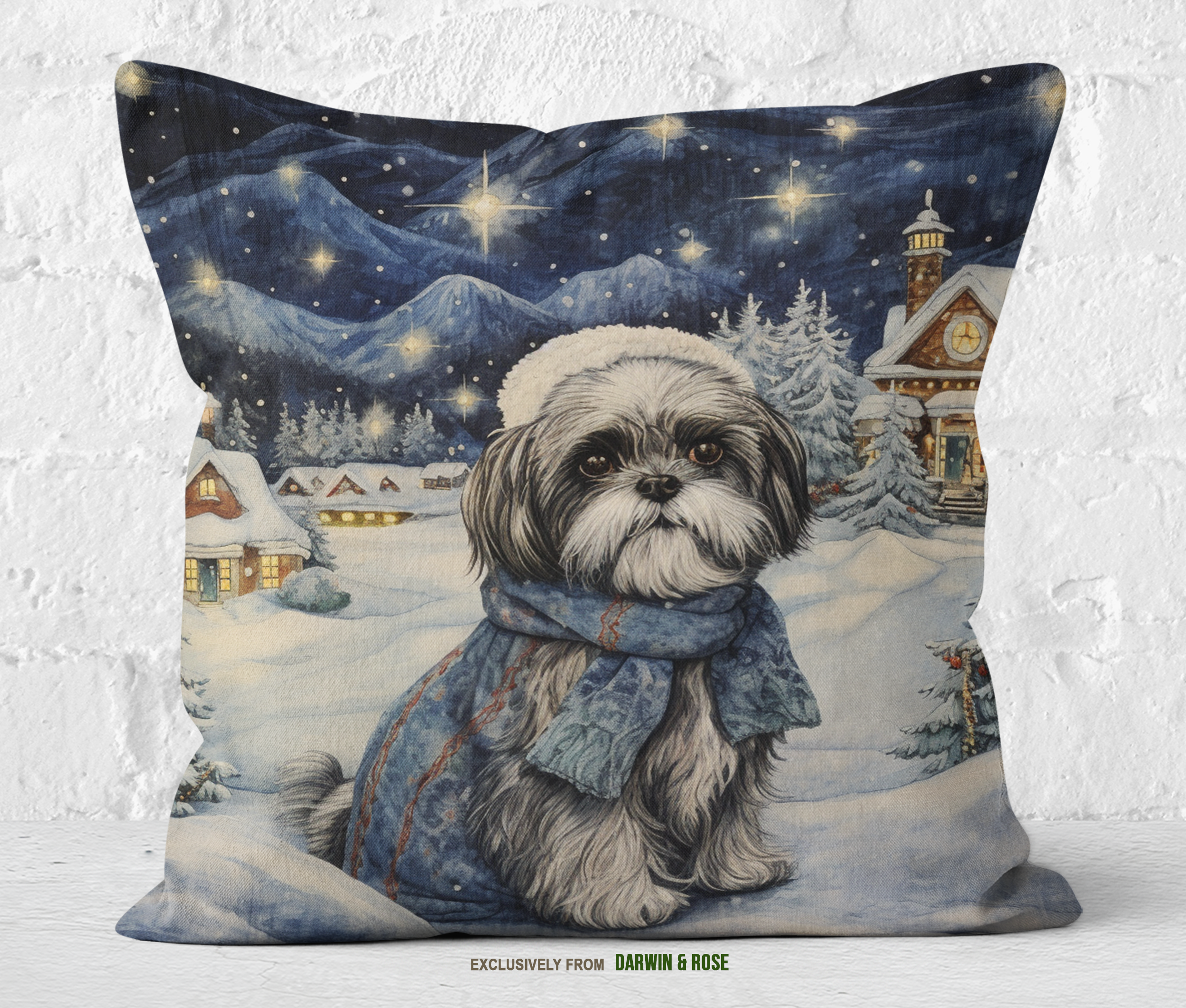 Cozy Winter Wonderland Shih Tzu Throw Pillow – Farmhouse Christmas Decor