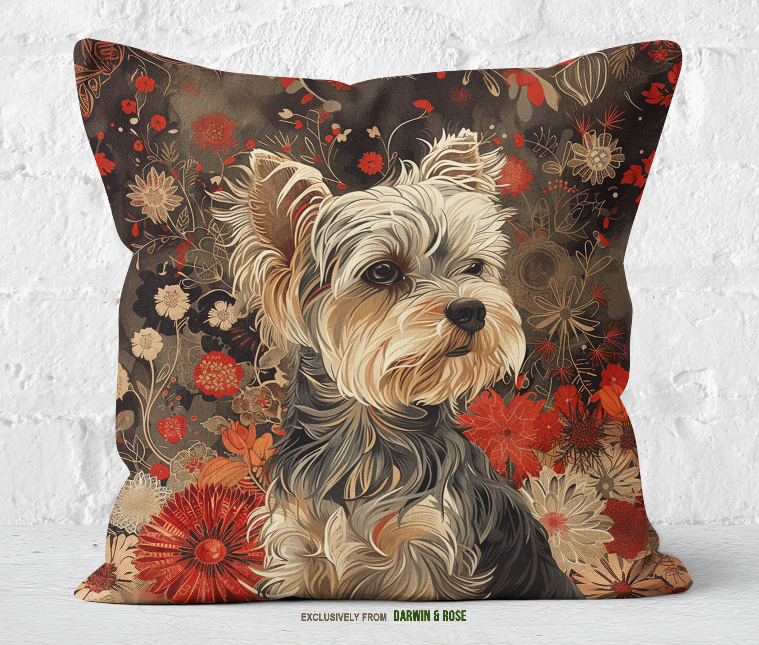 Yorkshire Terrier Floral Charm Throw Pillow - Modern Boho Style