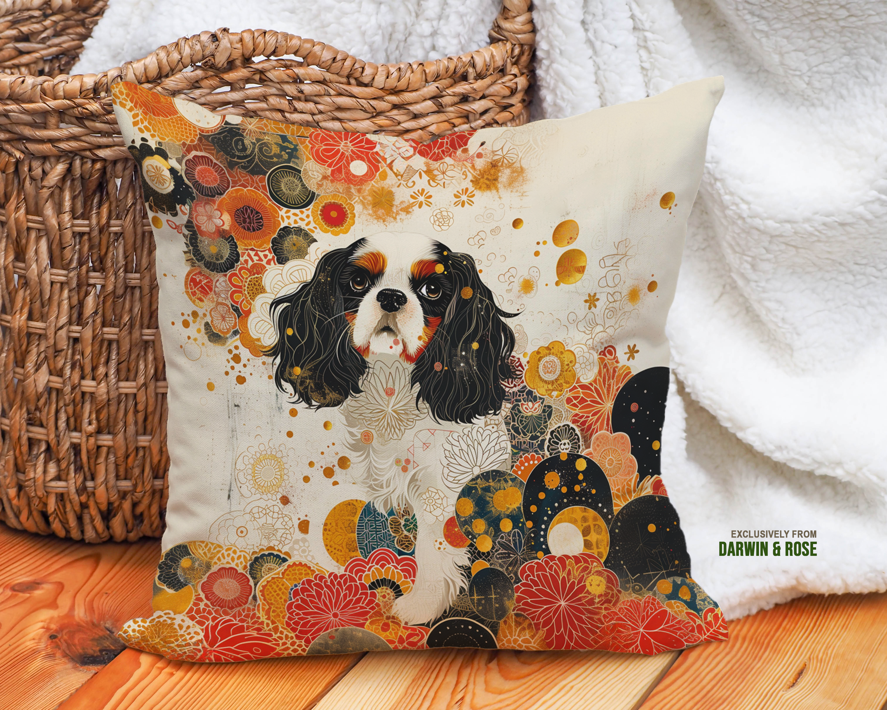 Cavalier King Charles Spaniel Floral Boho Throw Pillow