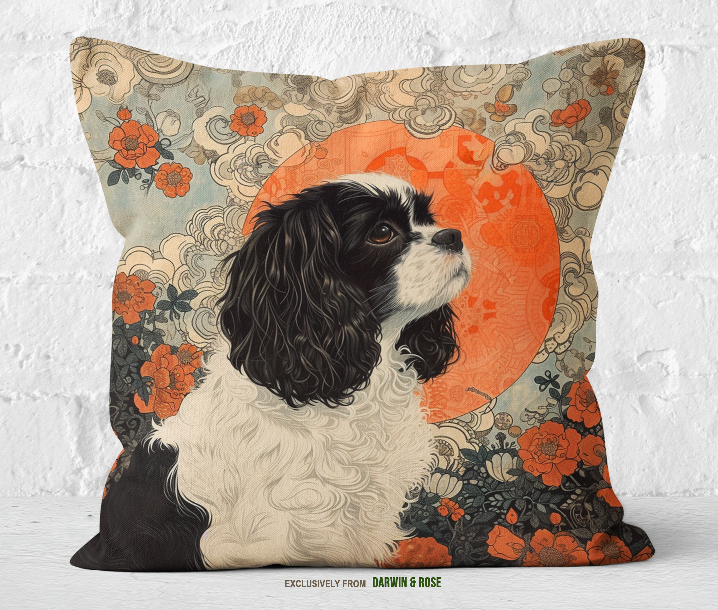 Cavalier King Charles Spaniel Boho Floral Throw Pillow