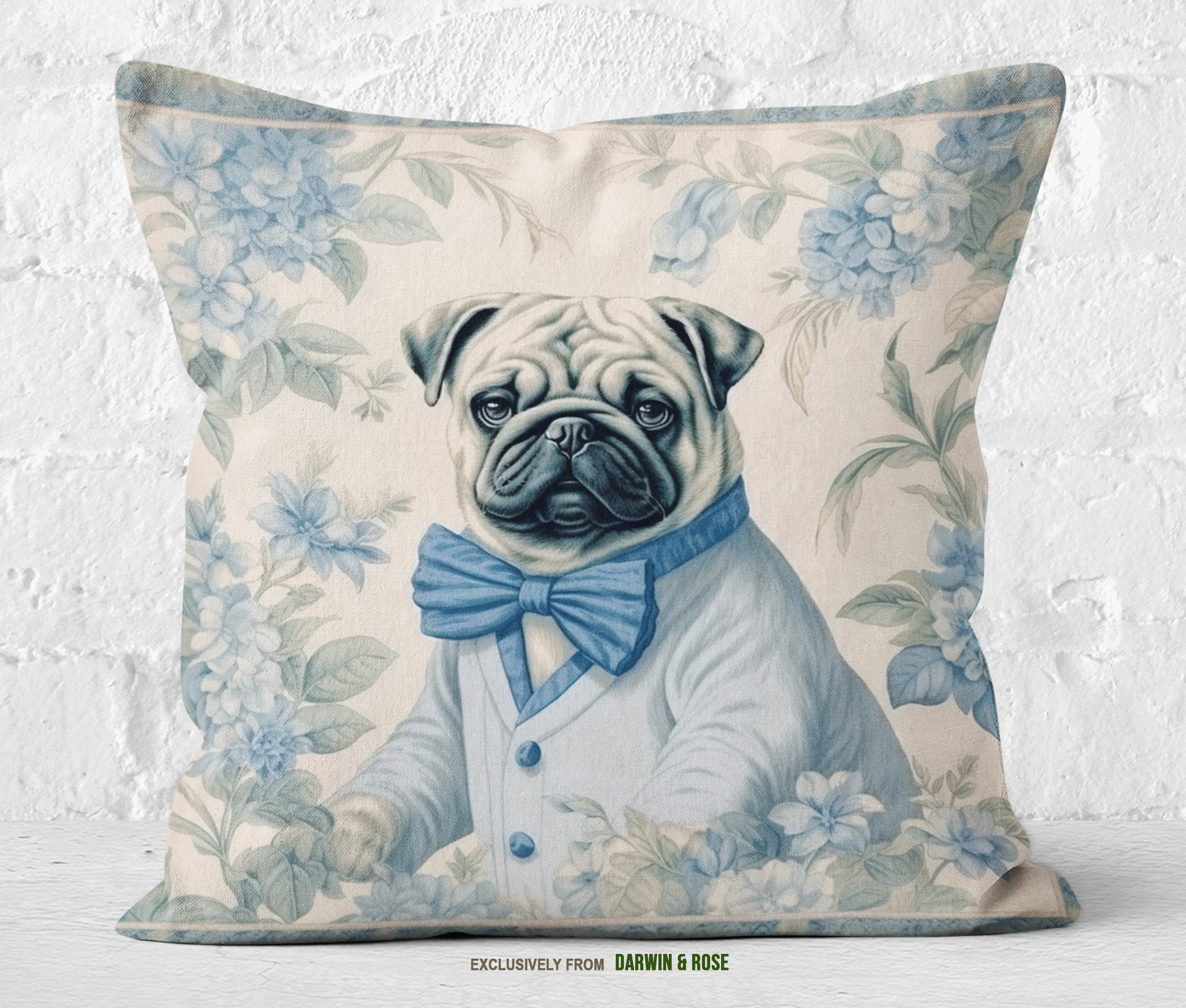 Pug Elegance in Vintage Blue - Modern Farmhouse Throw Pillow