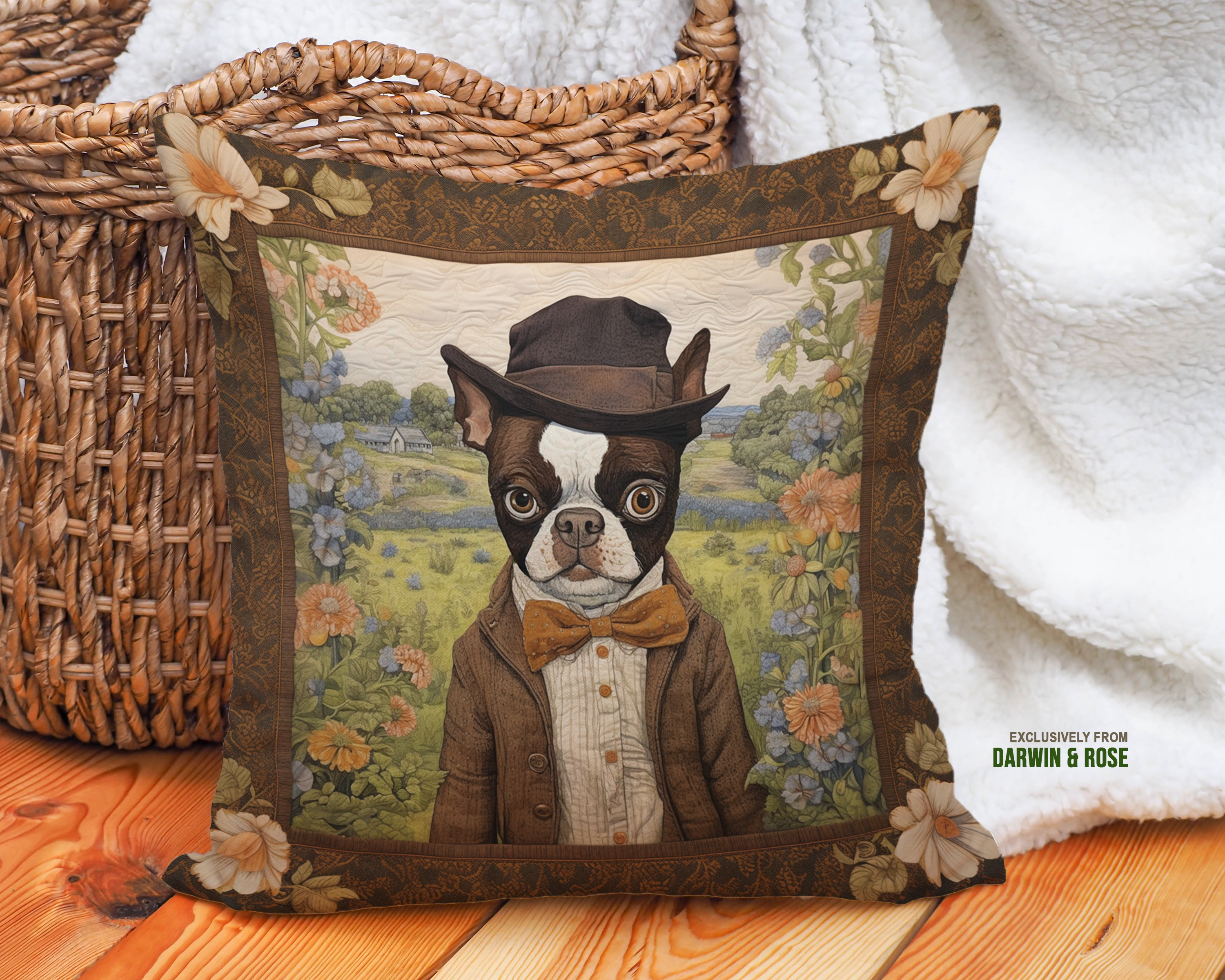 Vintage Charm Boston Terrier Throw Pillow – Rustic Farmhouse Dog Décor