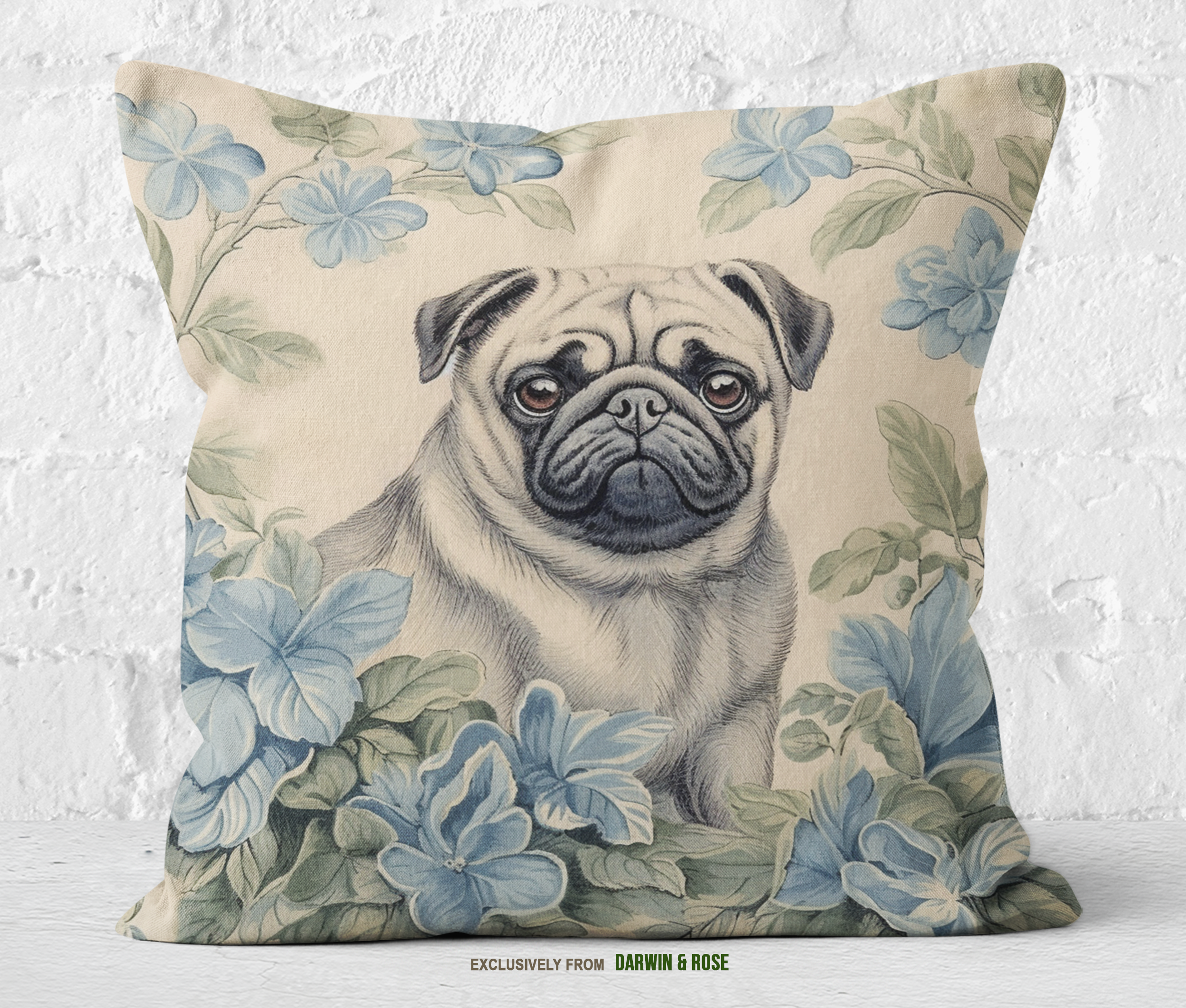 Blue Garden Pug Throw Pillow – Modern Floral Dog Décor for Living Rooms
