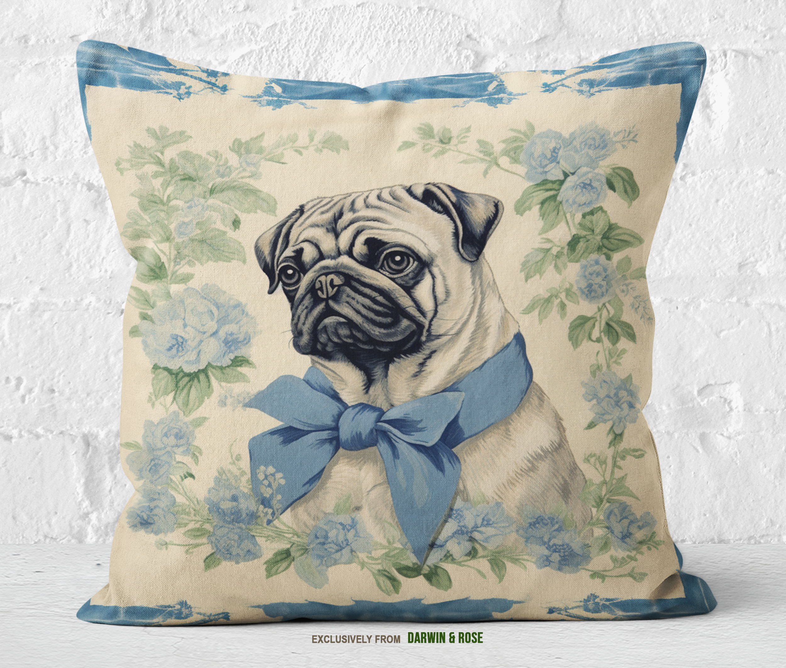 Charming Pug Throw Pillow with Vintage Blue Floral Design