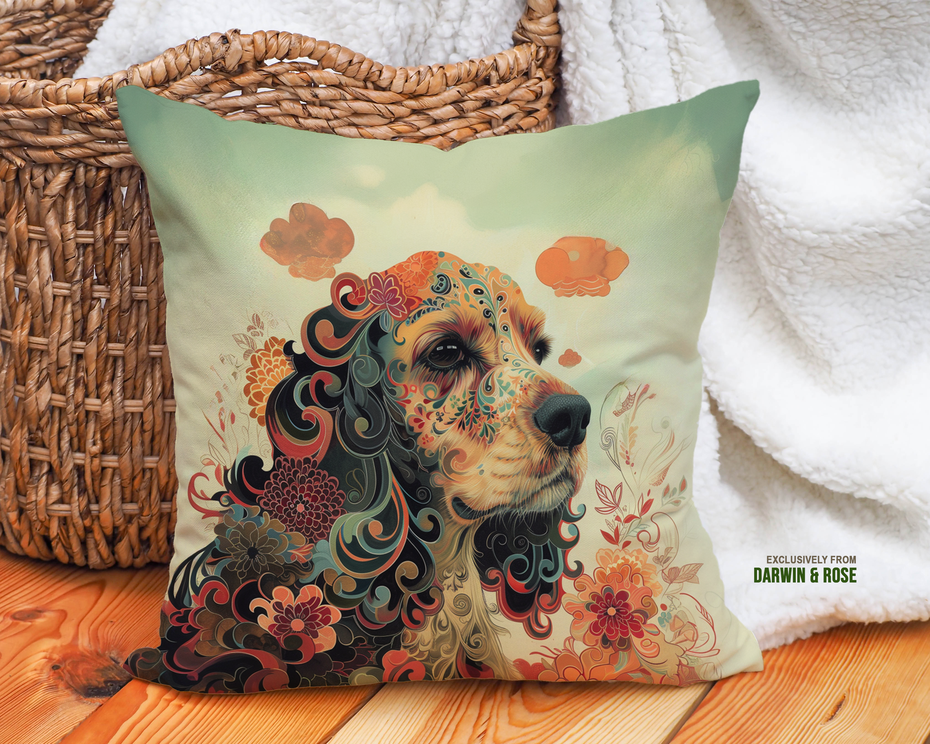 Floral Elegance Cocker Spaniel Throw Pillow – Boho Style Home Décor