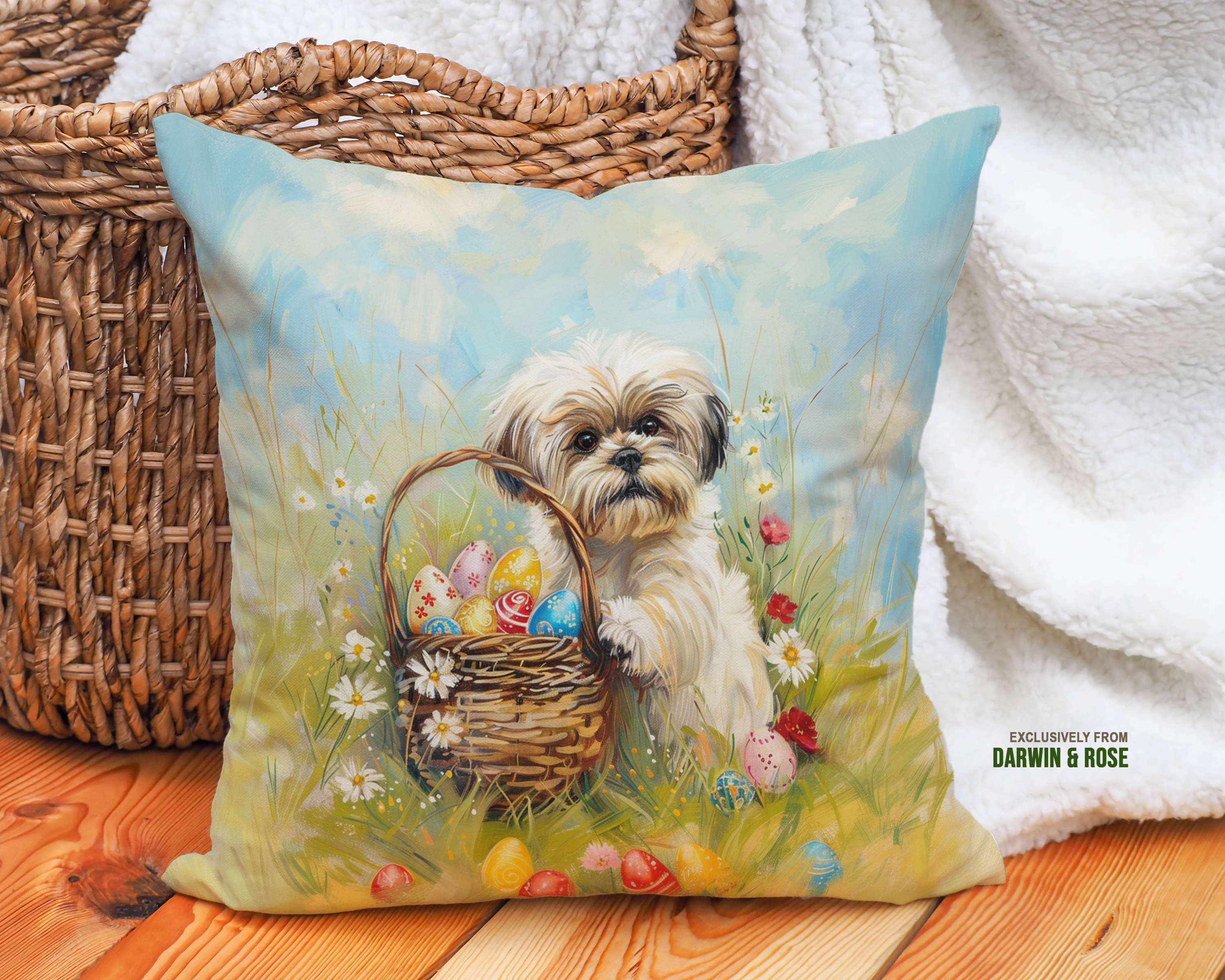 Easter Meadow Shih Tzu Throw Pillow – Whimsical Farmhouse Decor