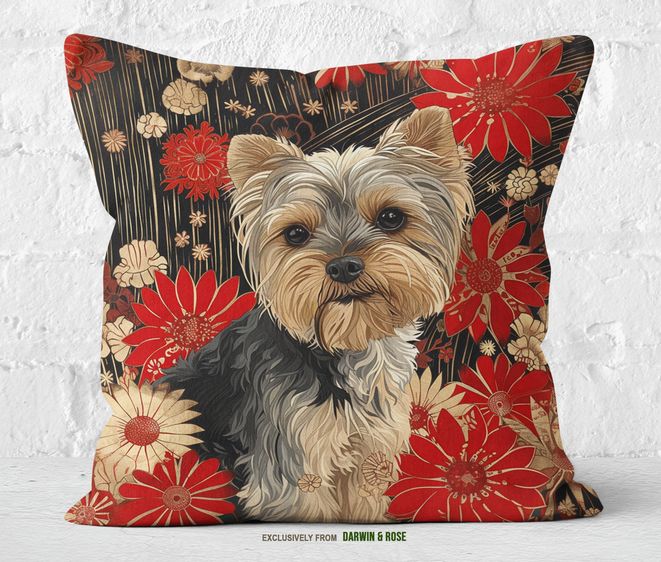 Yorkshire Terrier Elegance Floral Throw Pillow – Modern & Chic Home Décor