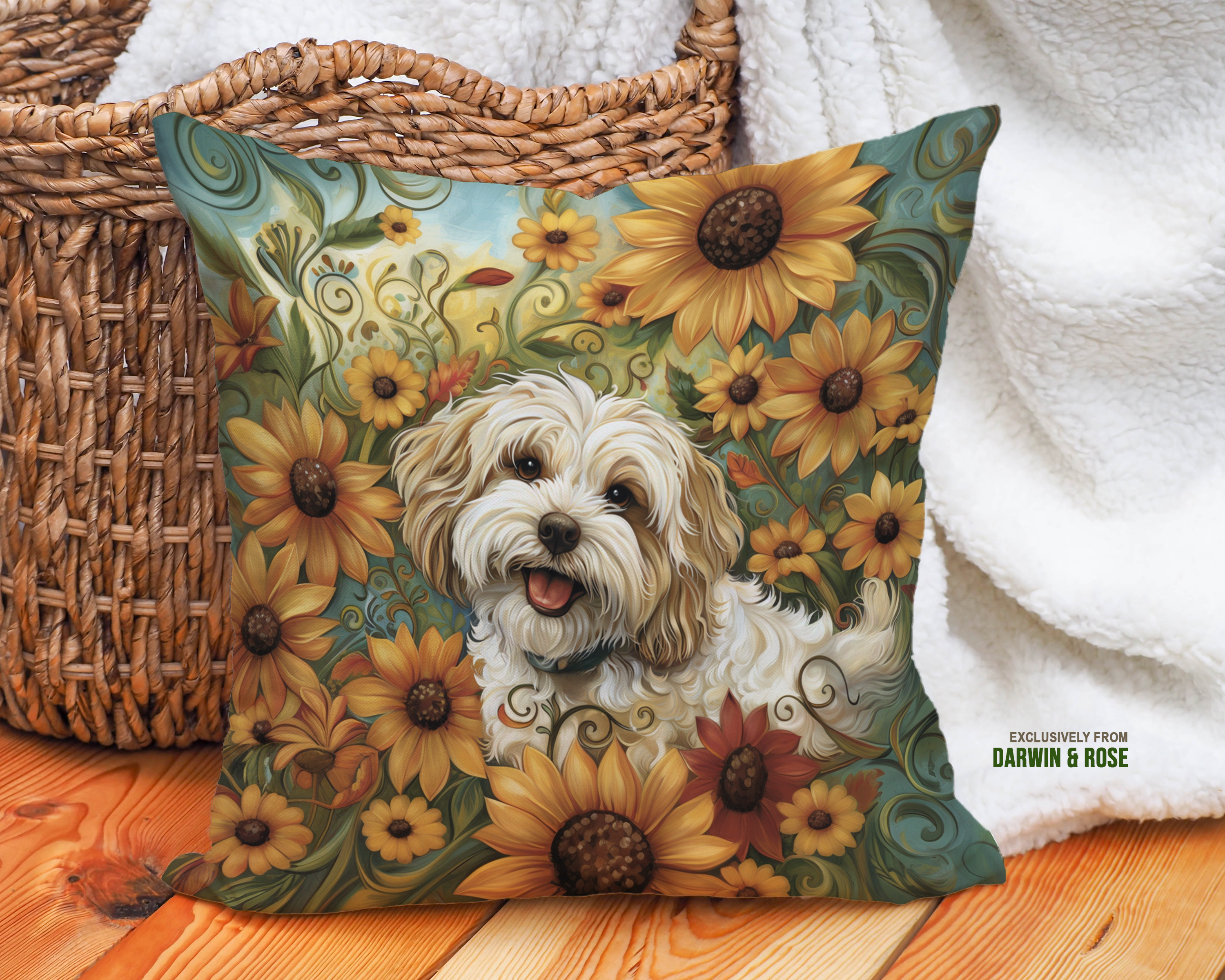 Havanese Sunflower Bliss Throw Pillow – Rustic Farmhouse Dog Lover’s Décor