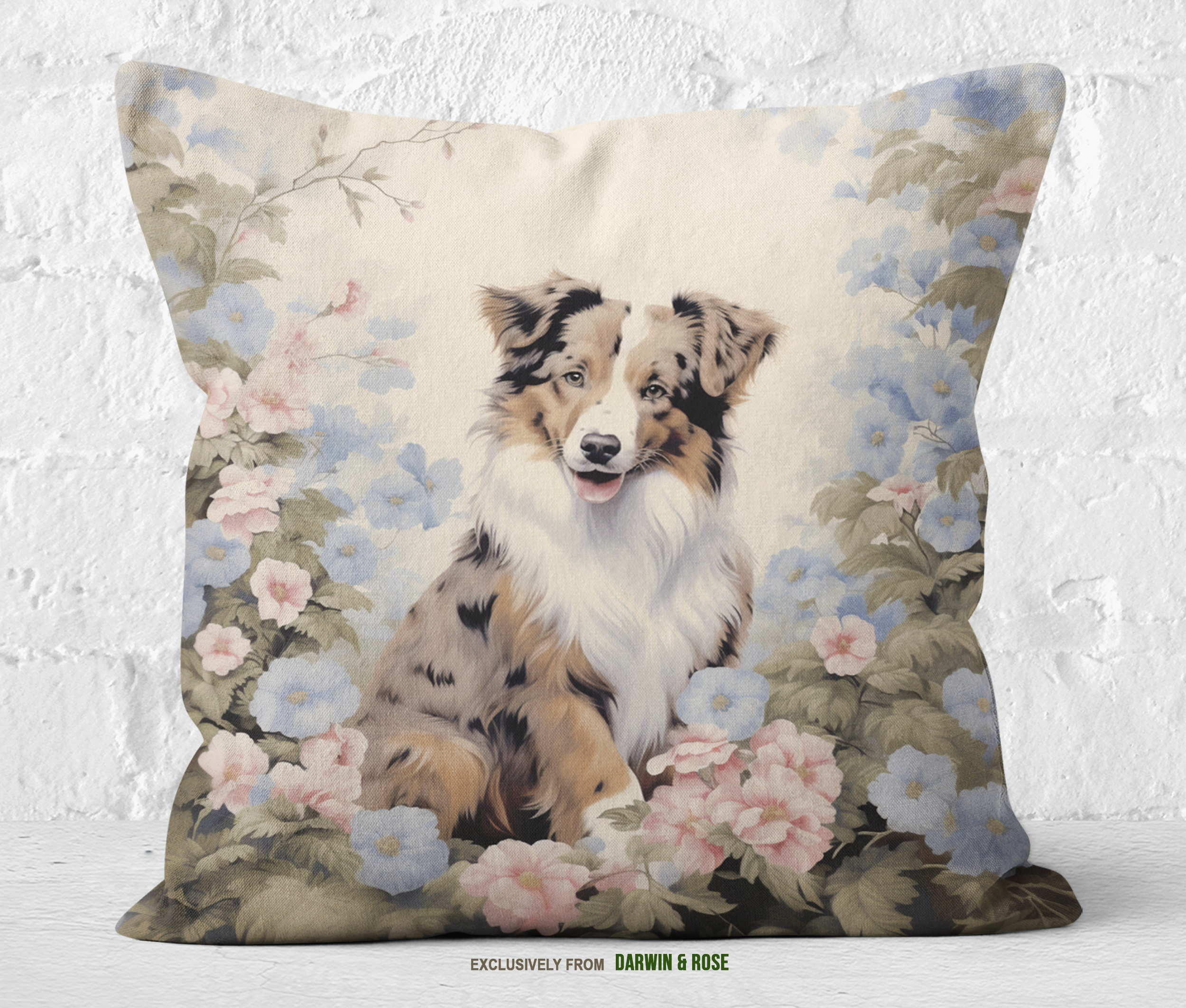 Australian Shepherd Floral Elegance Throw Pillow – Farmhouse Style Home Décor