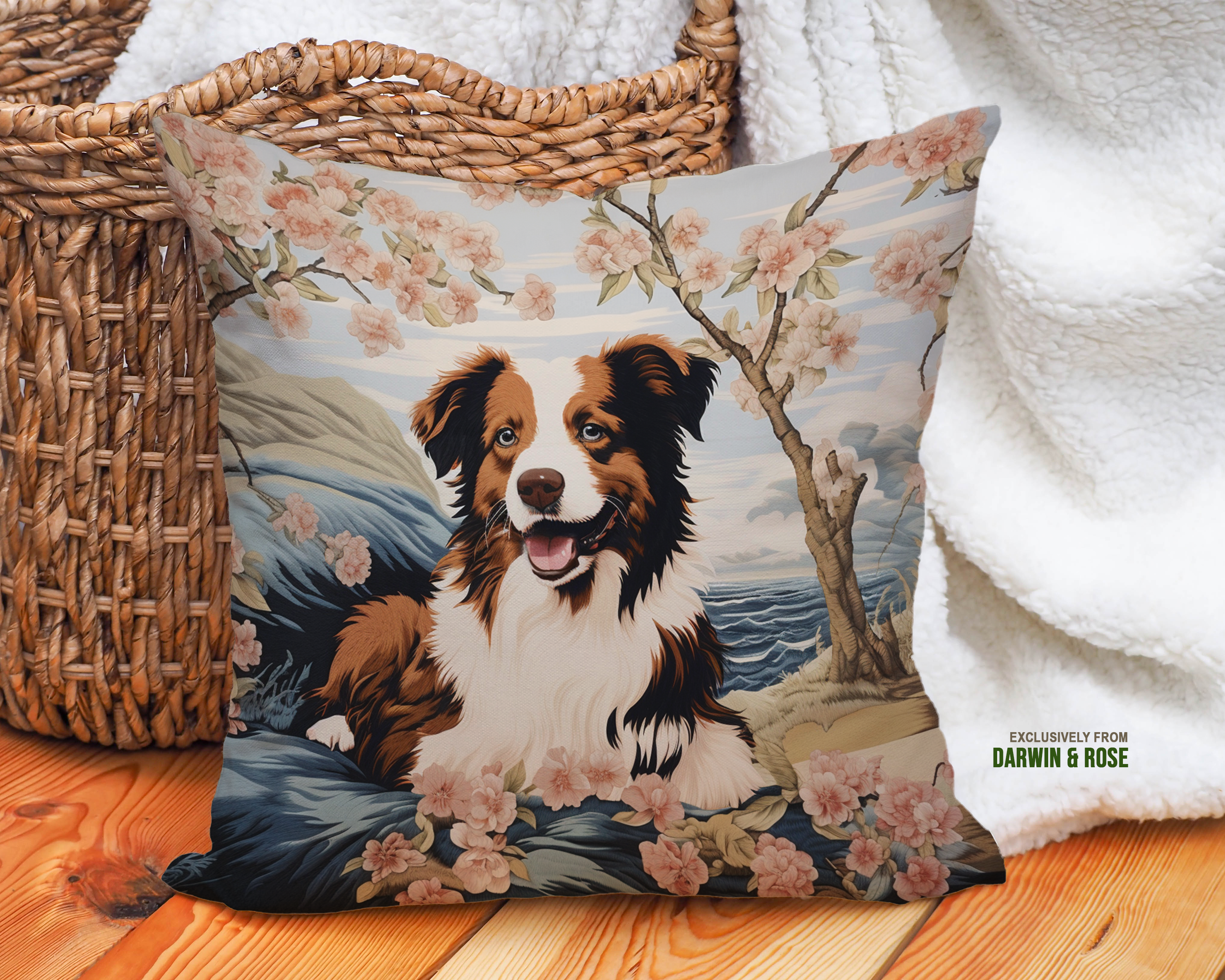 Cherry Blossom Border Collie Throw Pillow – Modern Farmhouse Style