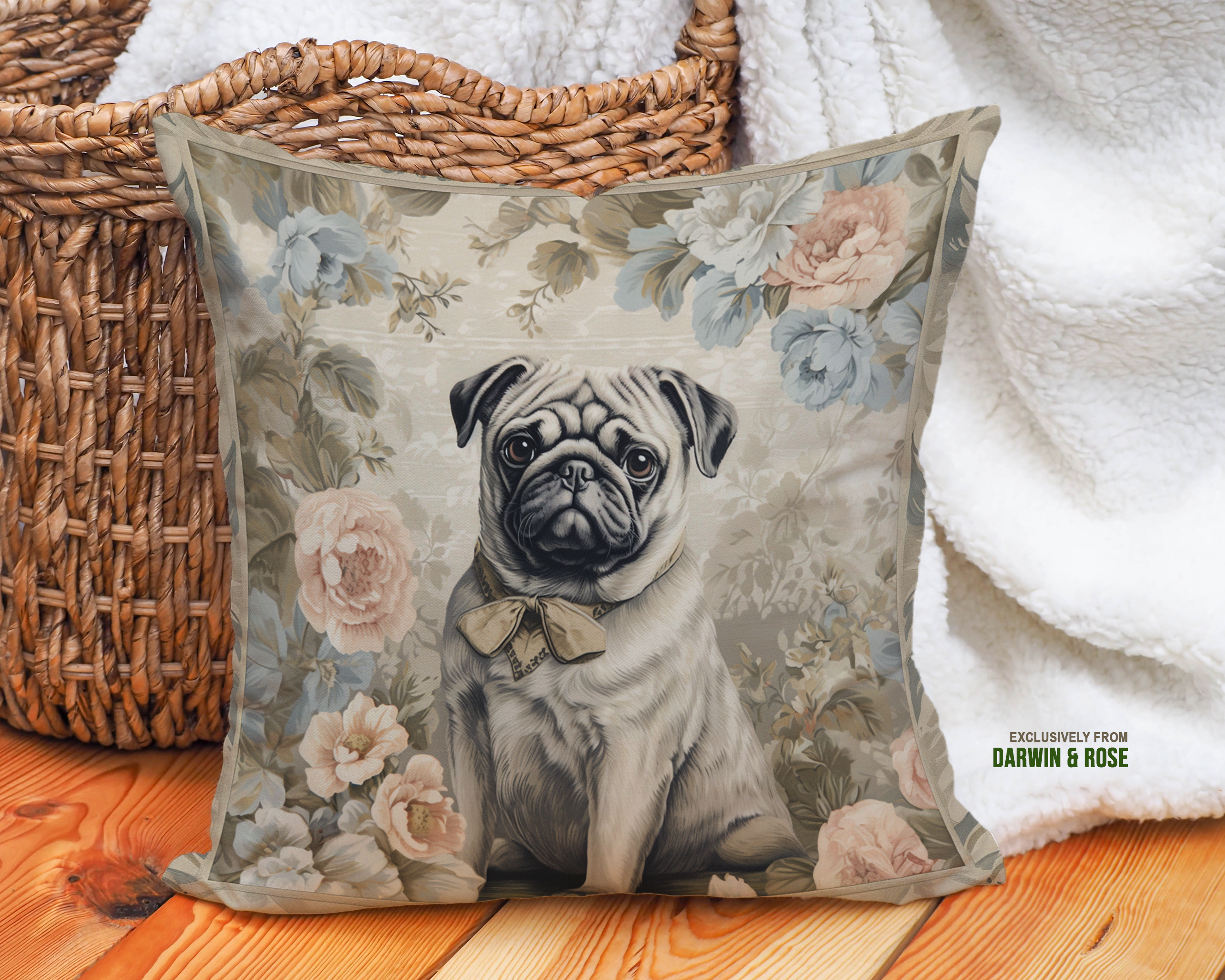 Vintage Floral Pug Throw Pillow for Farmhouse Décor