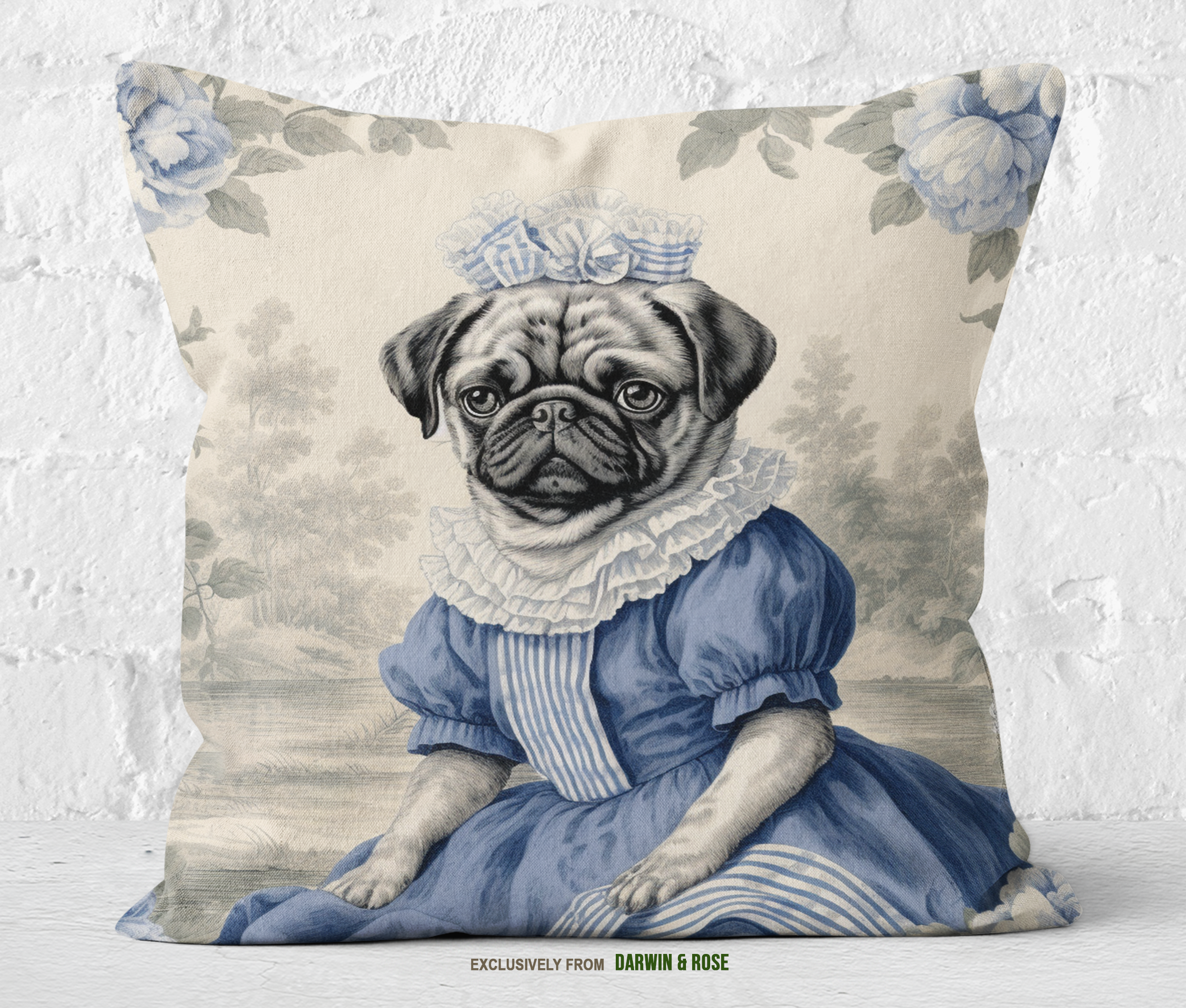 Victorian Elegance Pug Throw Pillow – Vintage Blue Floral Design