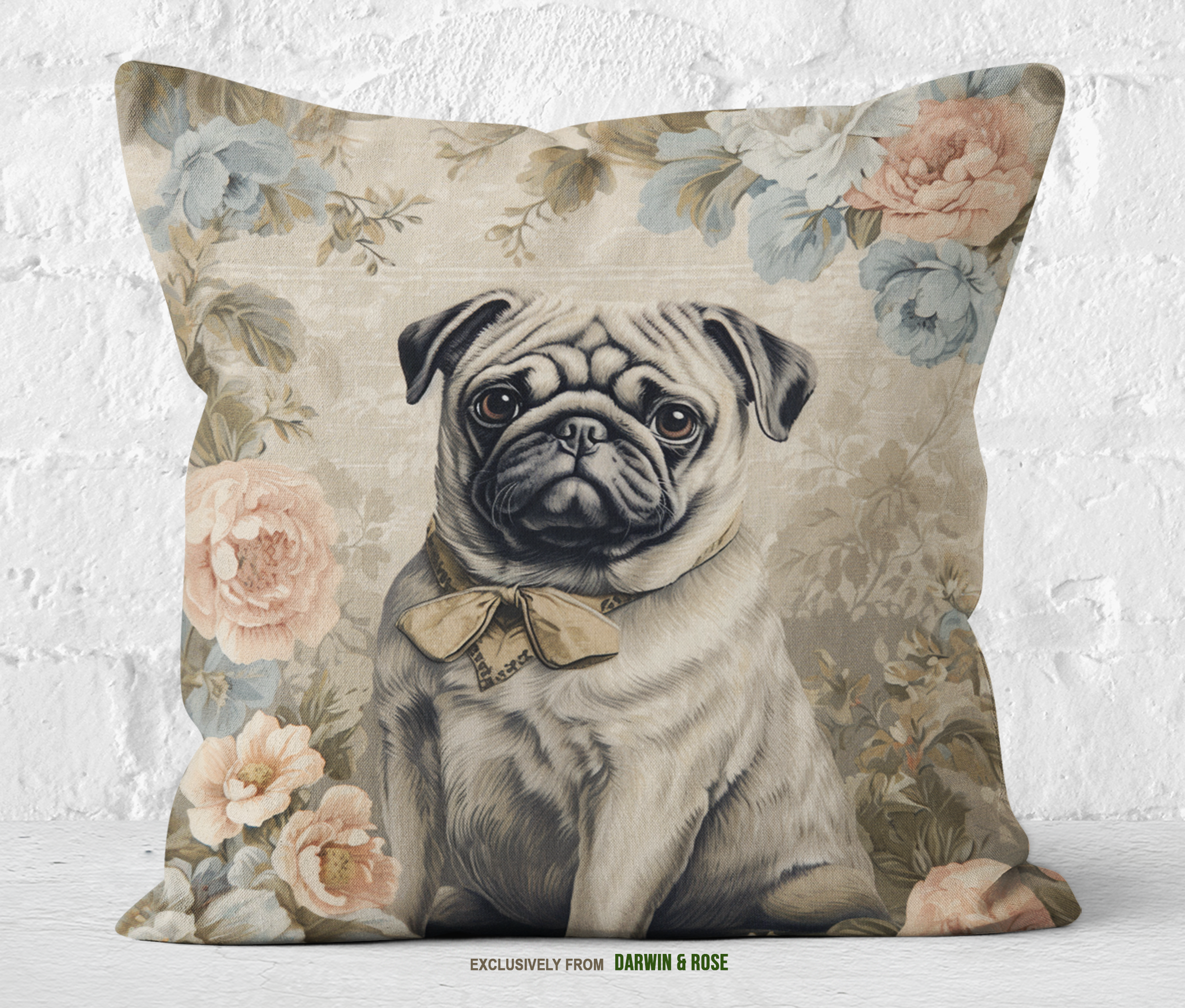Vintage Floral Pug Throw Pillow for Farmhouse Décor