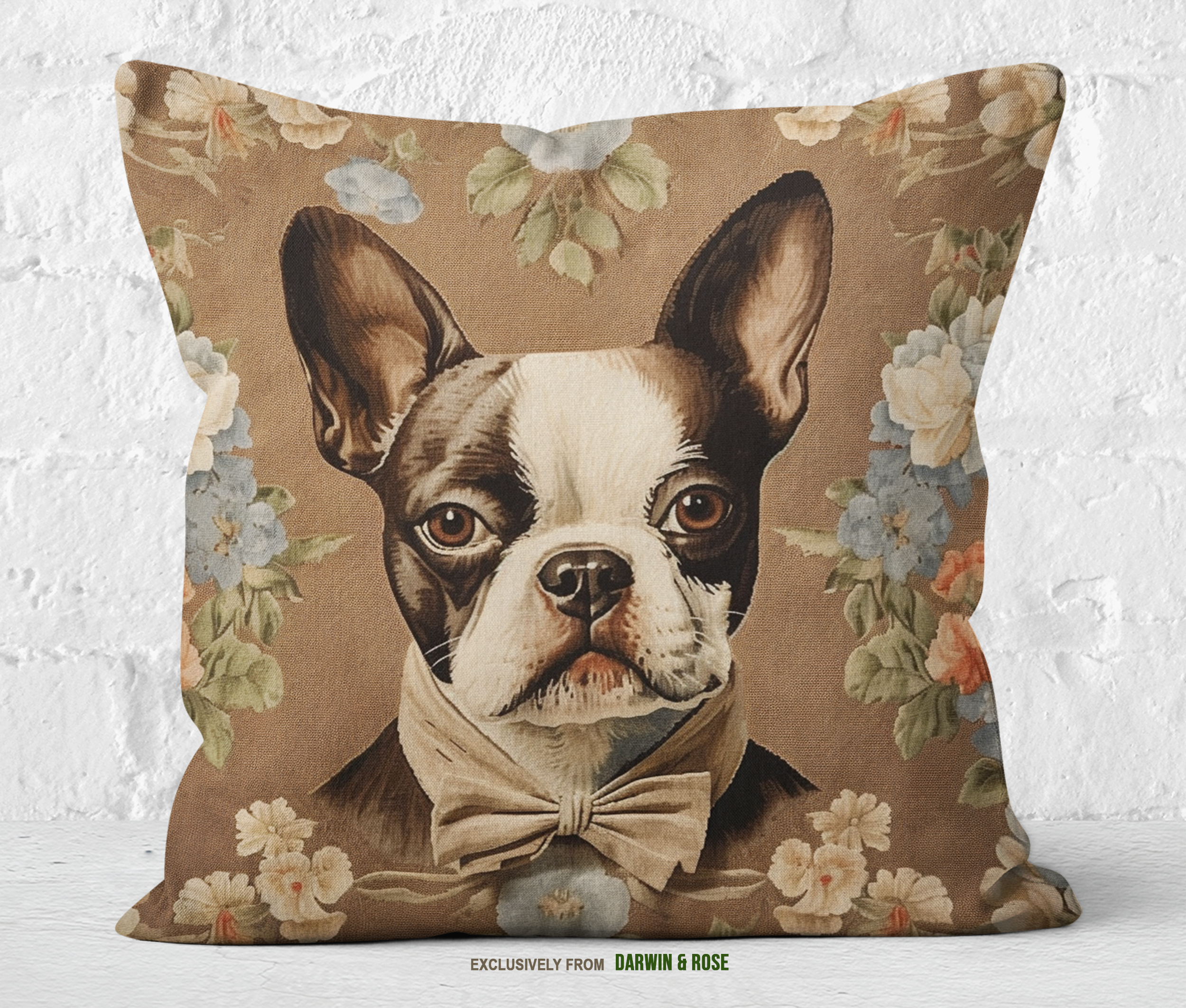 Boston Terrier Vintage Floral Throw Pillow - Farmhouse Charm, Brown & Blue