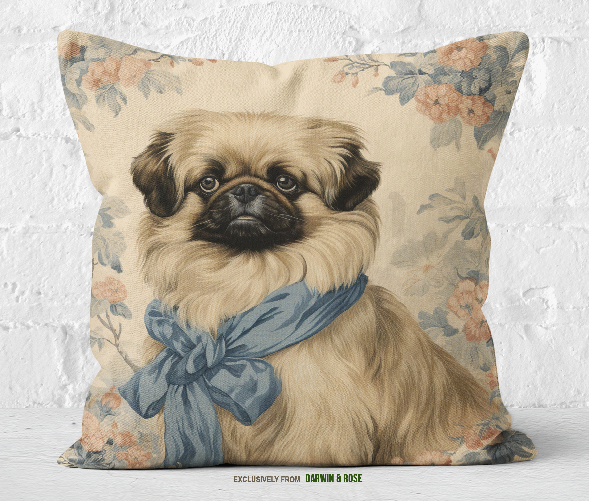 Pekingese Elegance Throw Pillow – Vintage Floral Boho Style