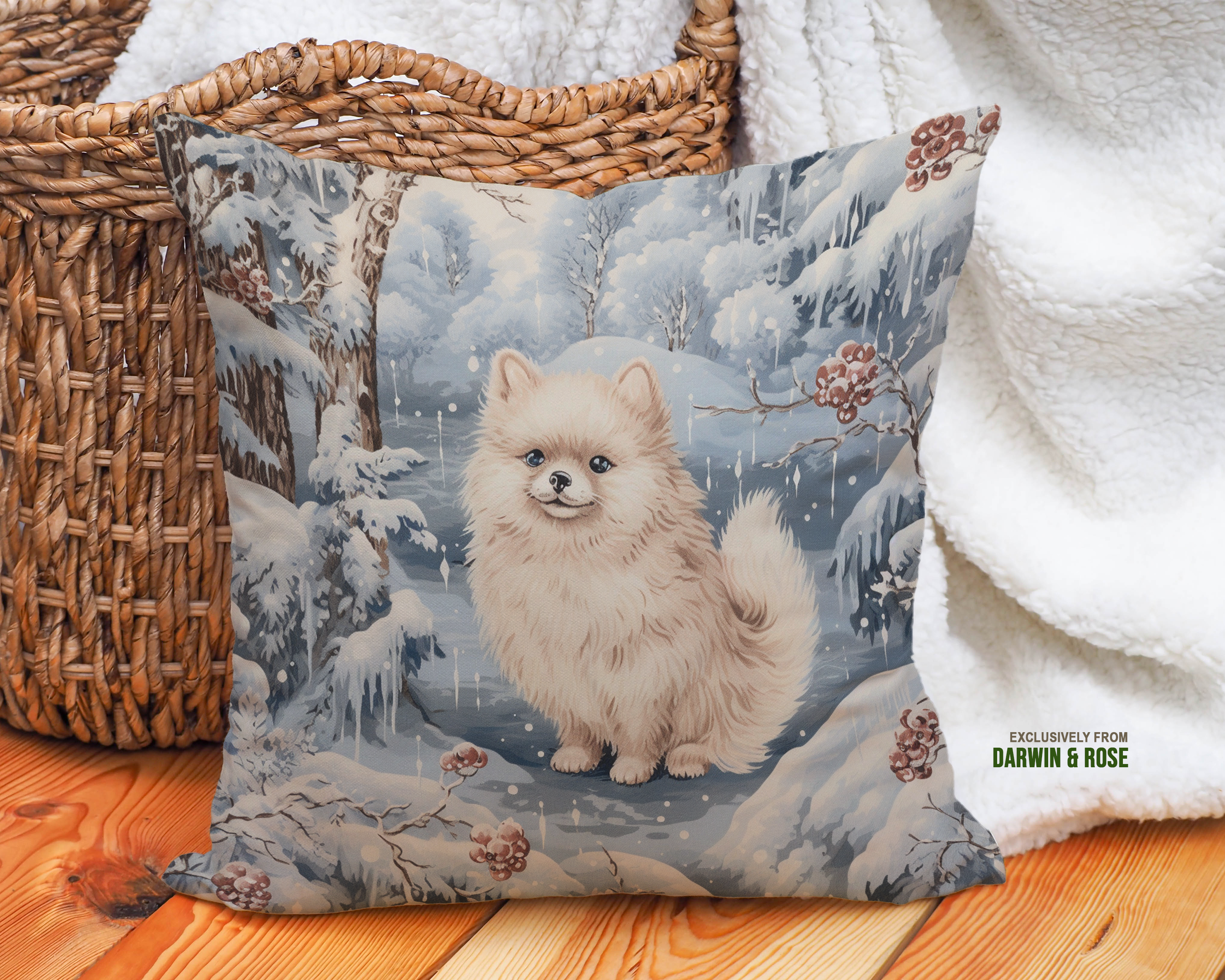 Winter Wonderland Pomeranian Throw Pillow - Cozy Farmhouse Décor