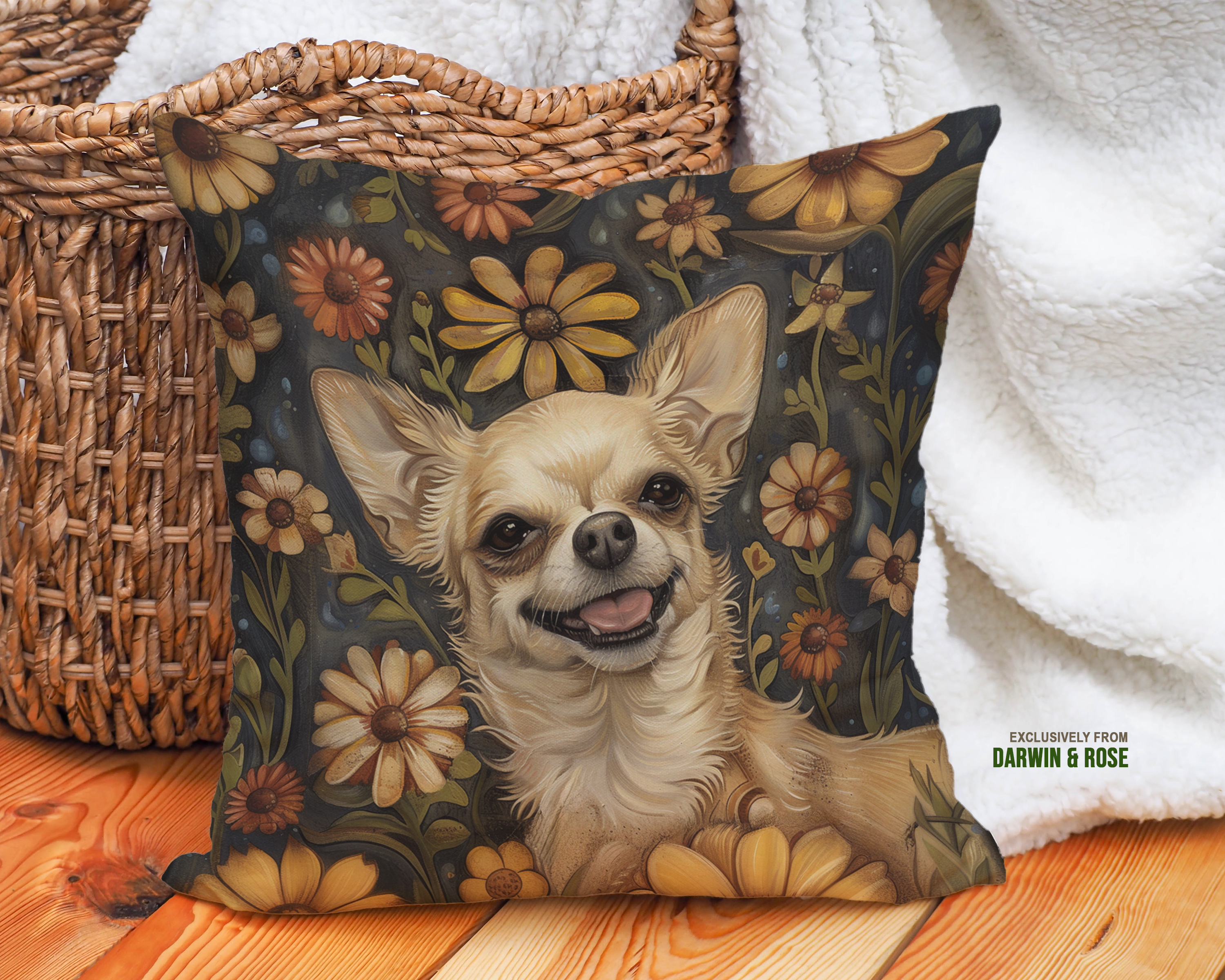 Golden Floral Chihuahua Boho Throw Pillow