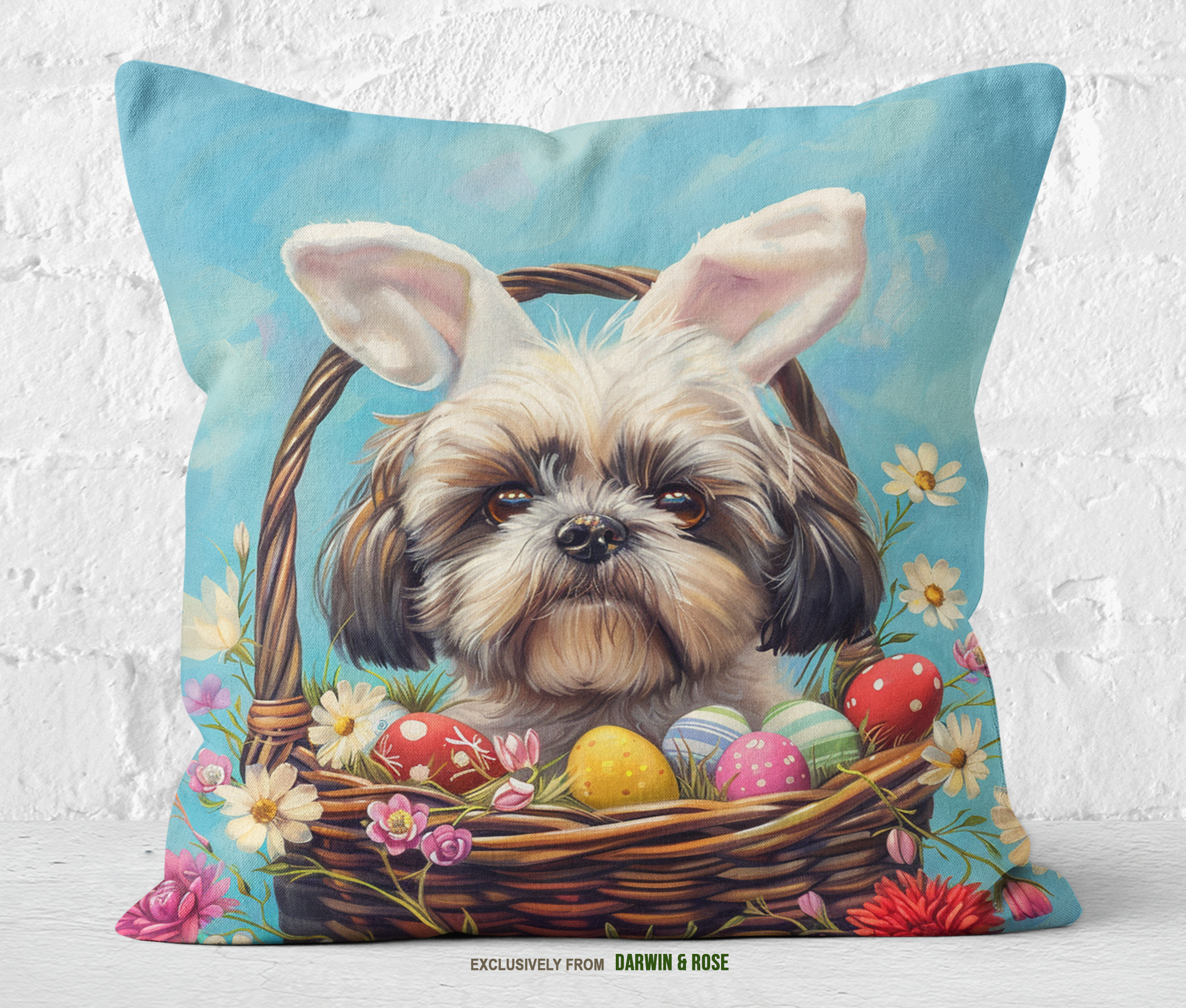 Easter Shih Tzu Throw Pillow – Whimsical Spring Farmhouse Decor