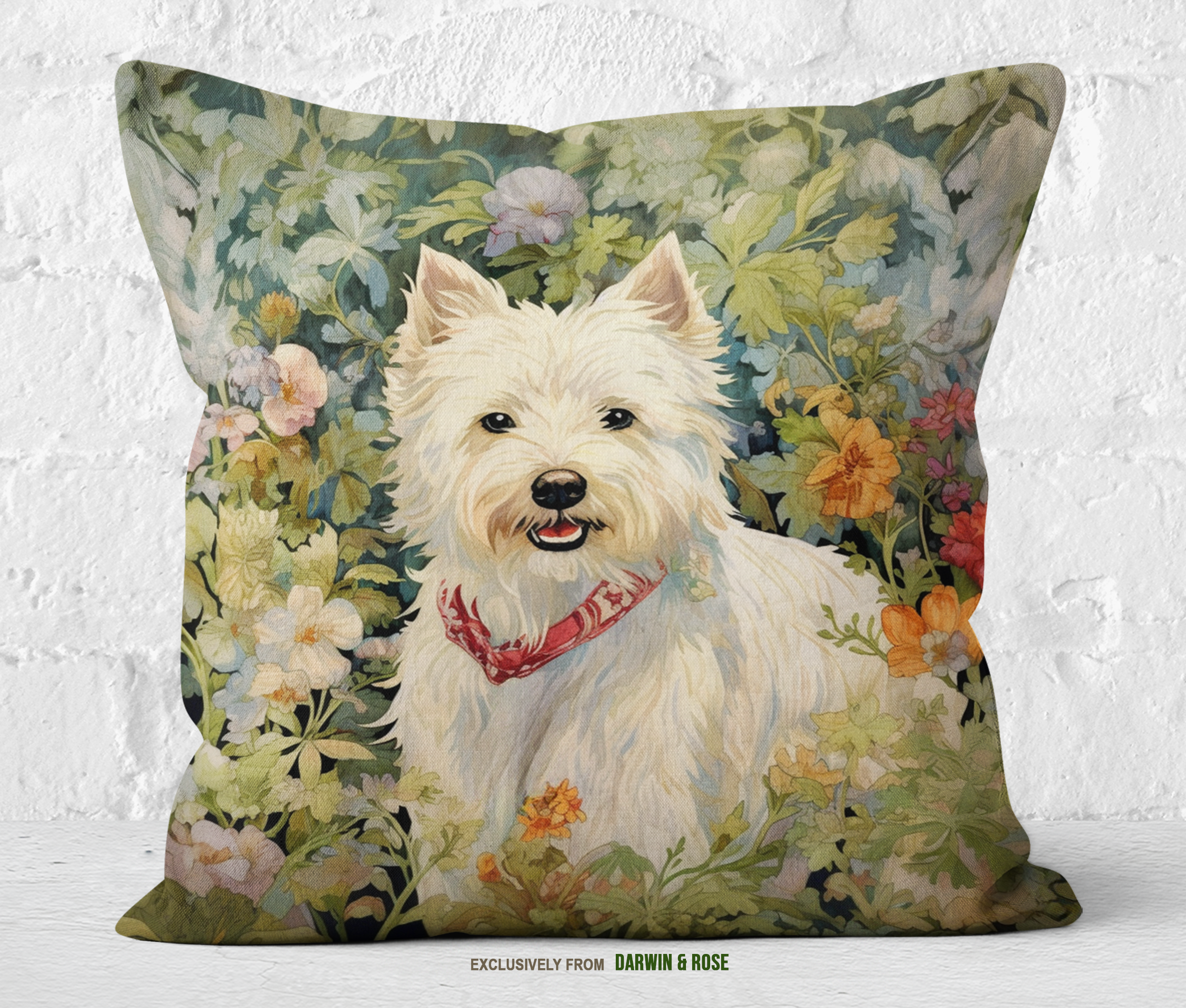 Westie Bliss Botanical Throw Pillow - Vintage Farmhouse Style