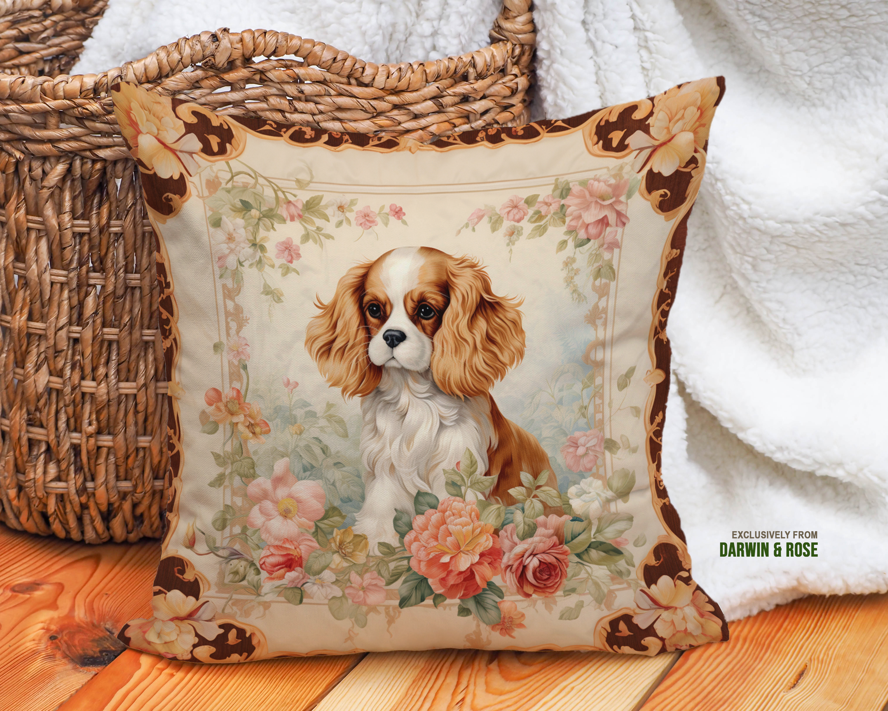 Cavalier King Charles Spaniel Floral Elegance Throw Pillow