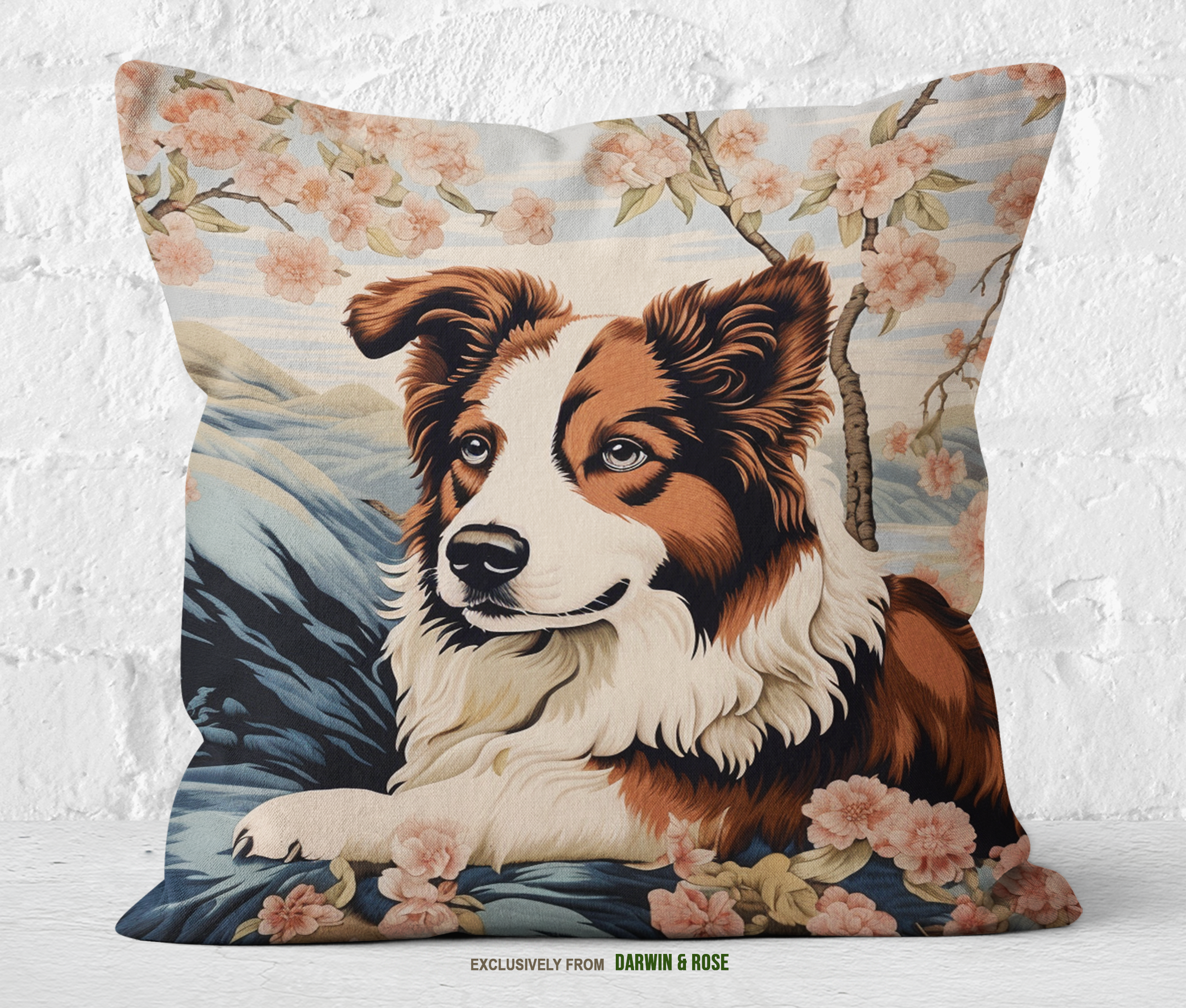 Border Collie Blossom Throw Pillow – Elegant Farmhouse Dog Décor
