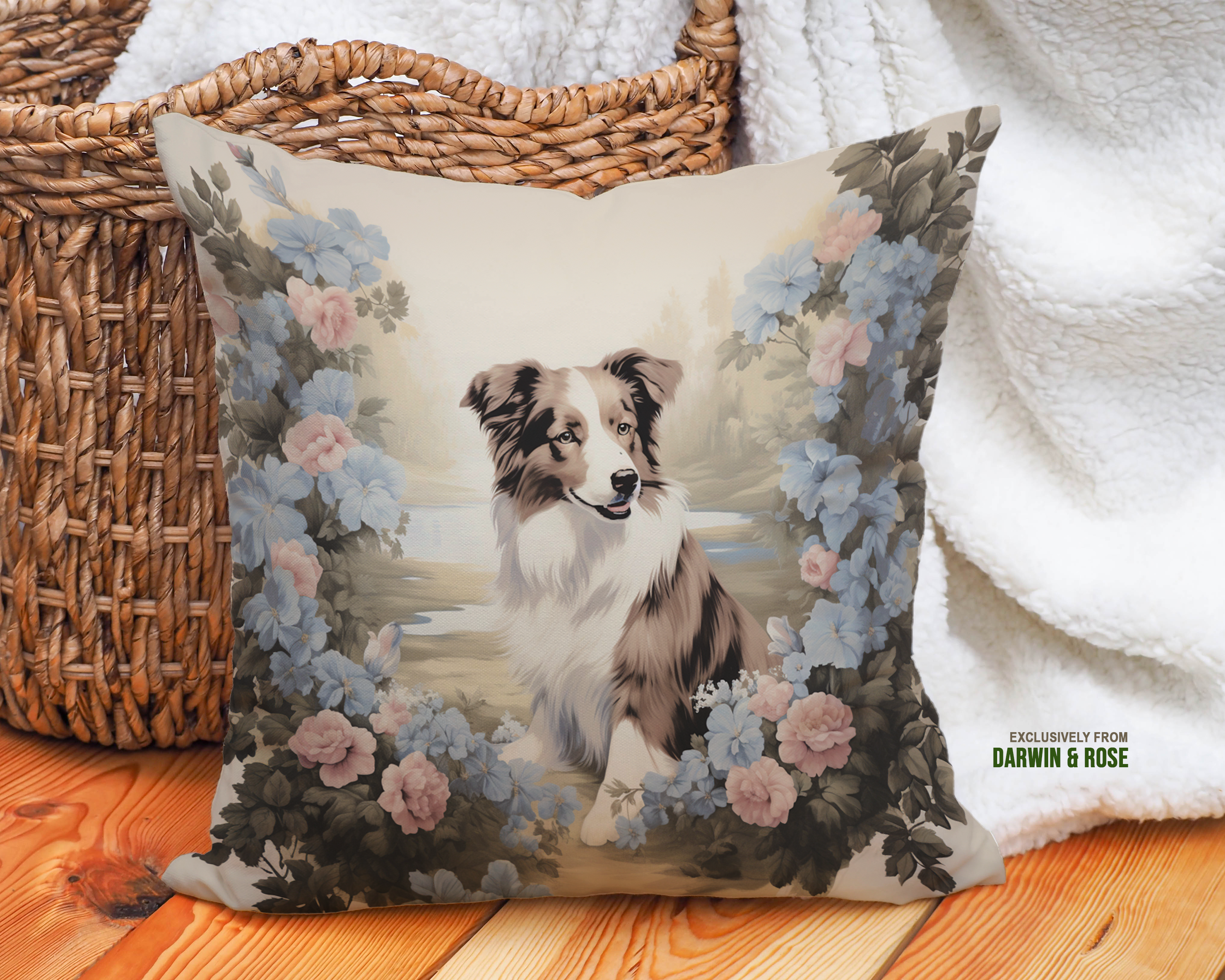 Australian Shepherd Floral Elegance Throw Pillow - Cottagecore Style