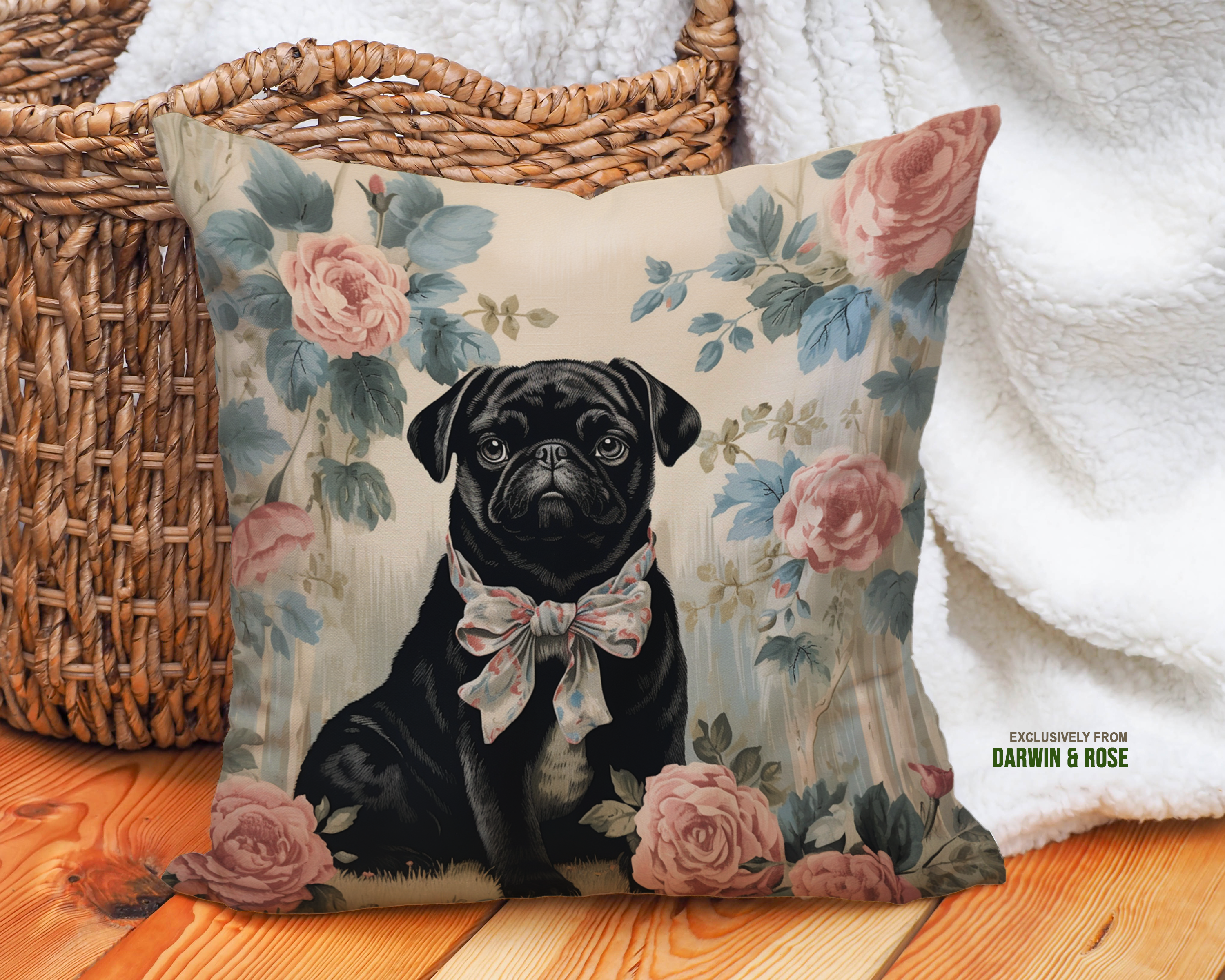 Vintage Pug Charm Floral Throw Pillow – Victorian-Inspired Décor Design