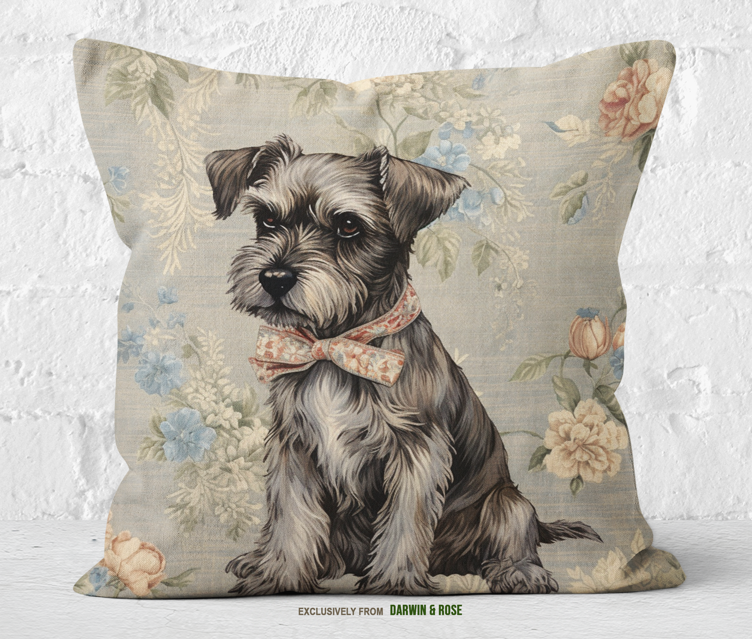 Miniature Schnauzer Charm: Vintage Floral Throw Pillow
