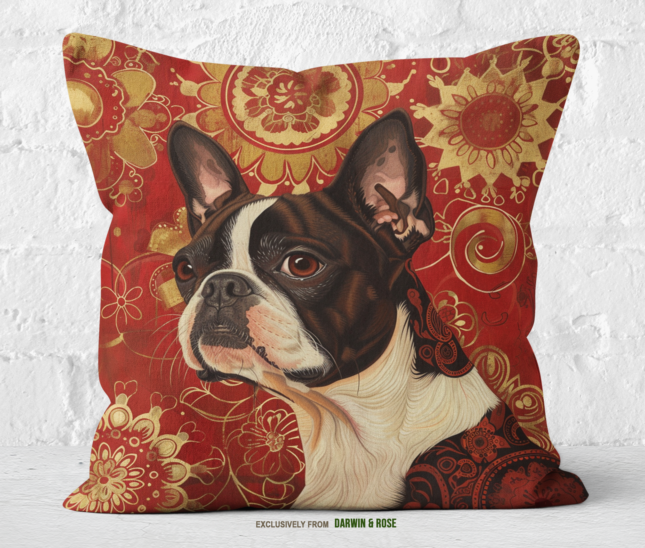 Boston Terrier Elegance – Red & Gold Boho Throw Pillow