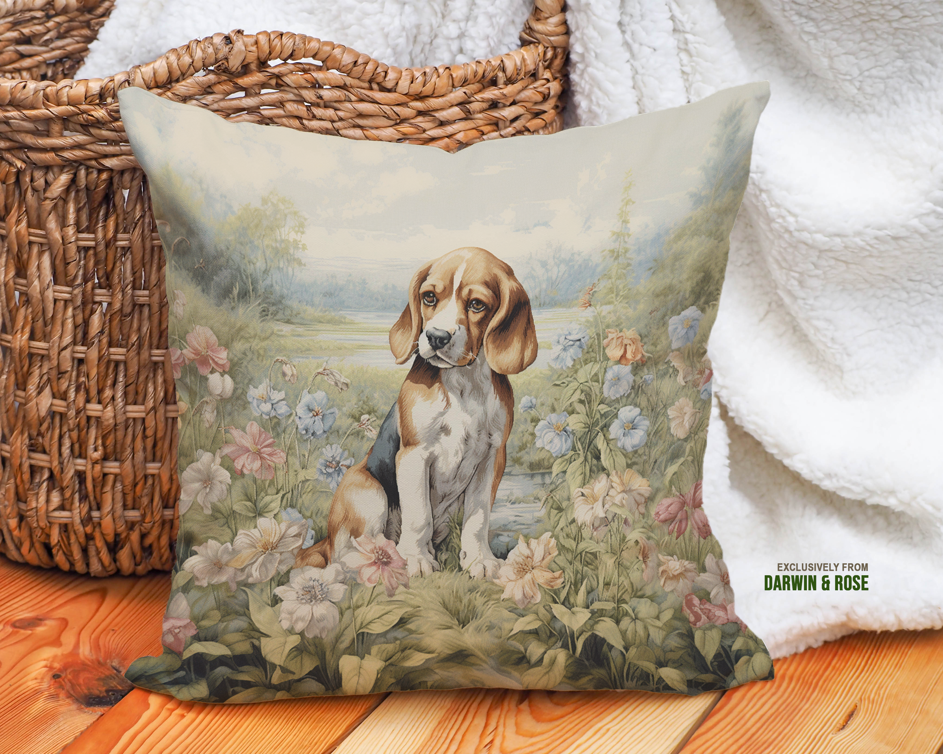 Beagle Serenity in Bloom – Vintage Cottage Throw Pillow