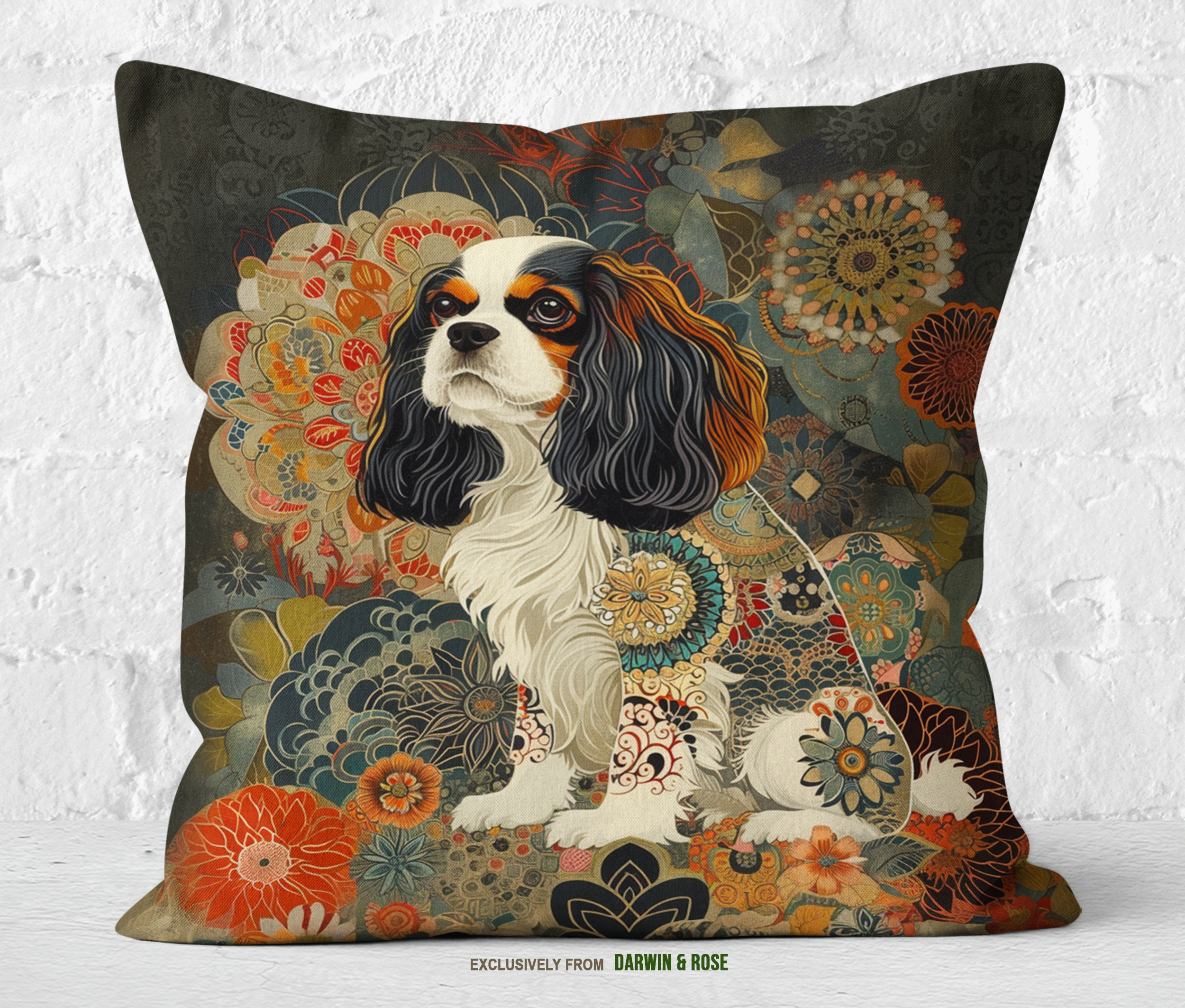 Cavalier King Charles Spaniel Boho Floral Throw Pillow