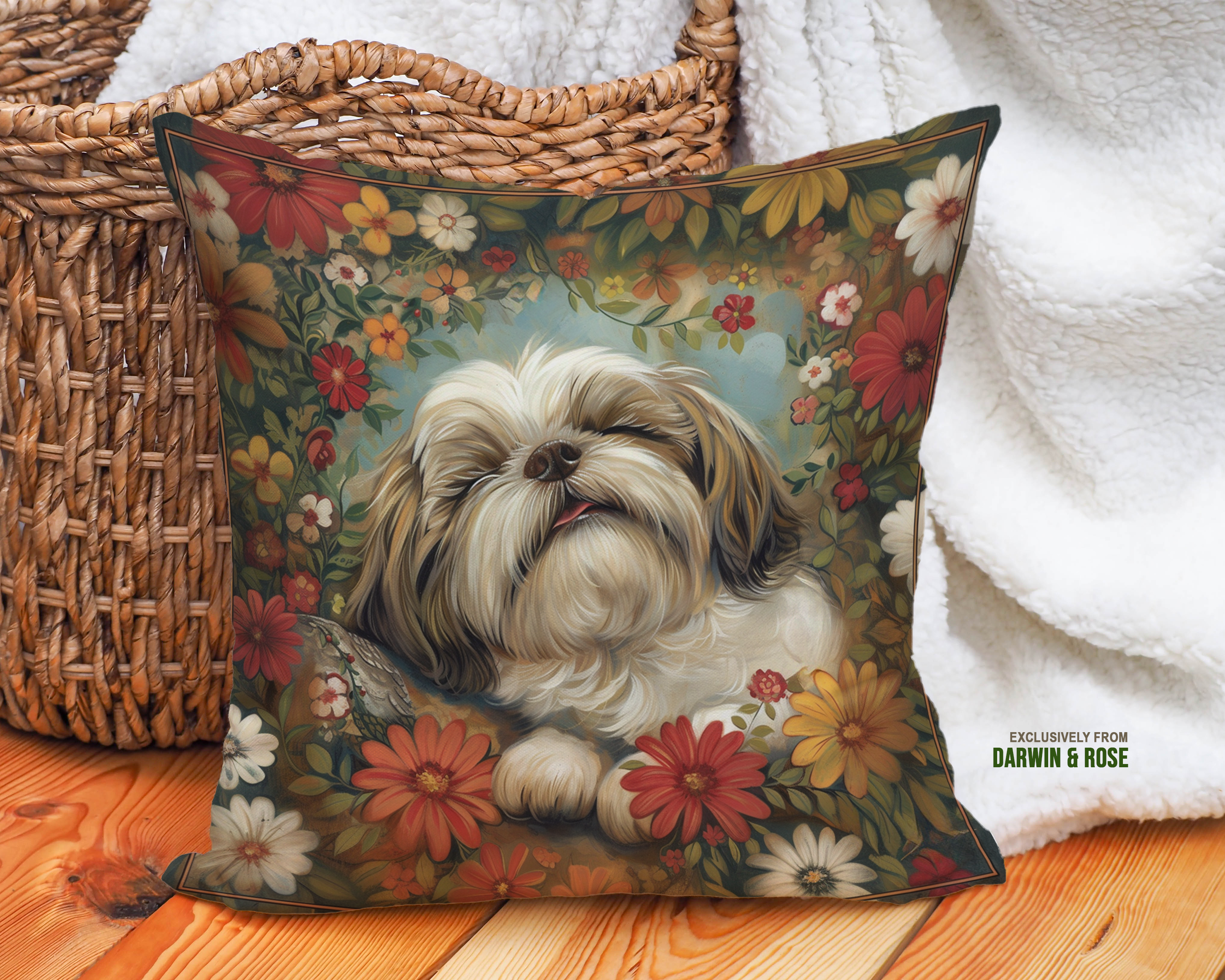 Floral Bliss Shih Tzu Throw Pillow - Boho Dog Lover's Delight