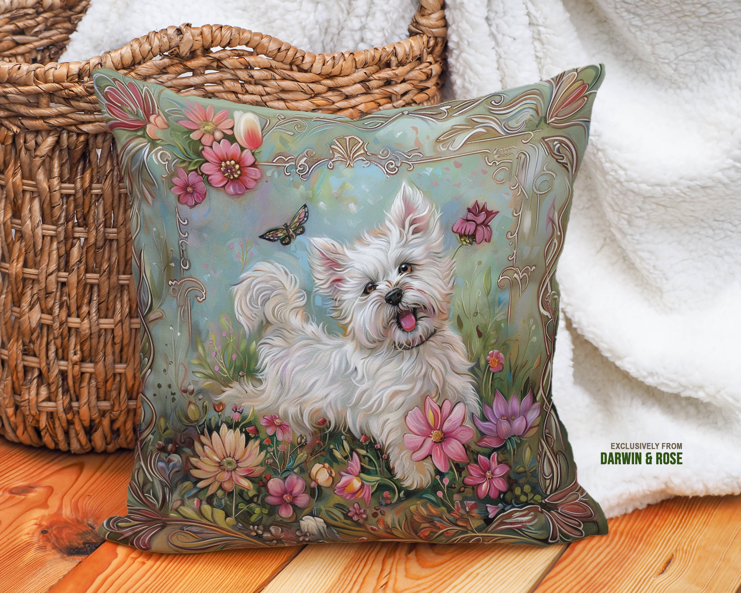 Whimsical Westie Bloom Throw Pillow – Art Nouveau Style with Flowers