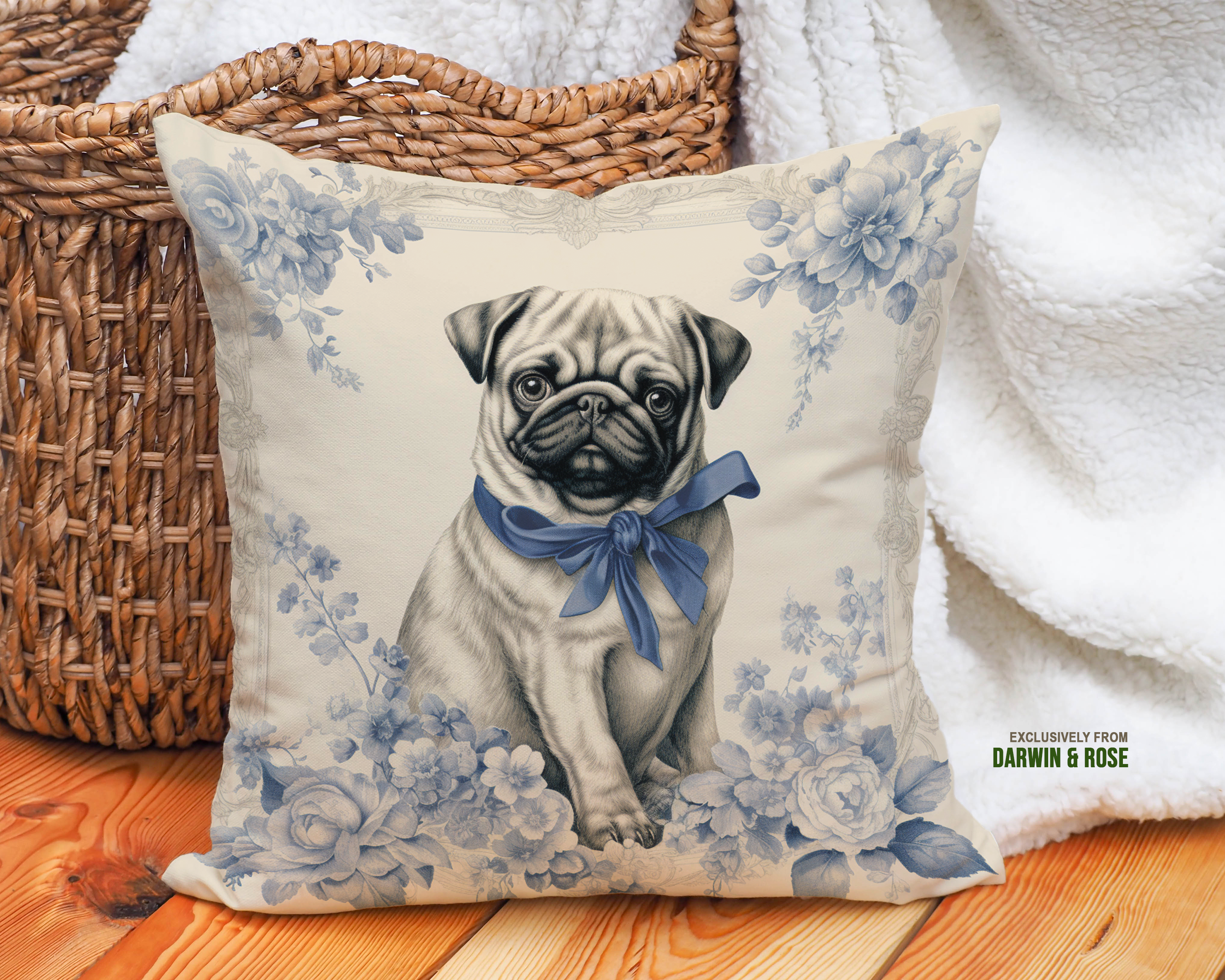Vintage Blue Floral Pug Decorative Throw Pillow