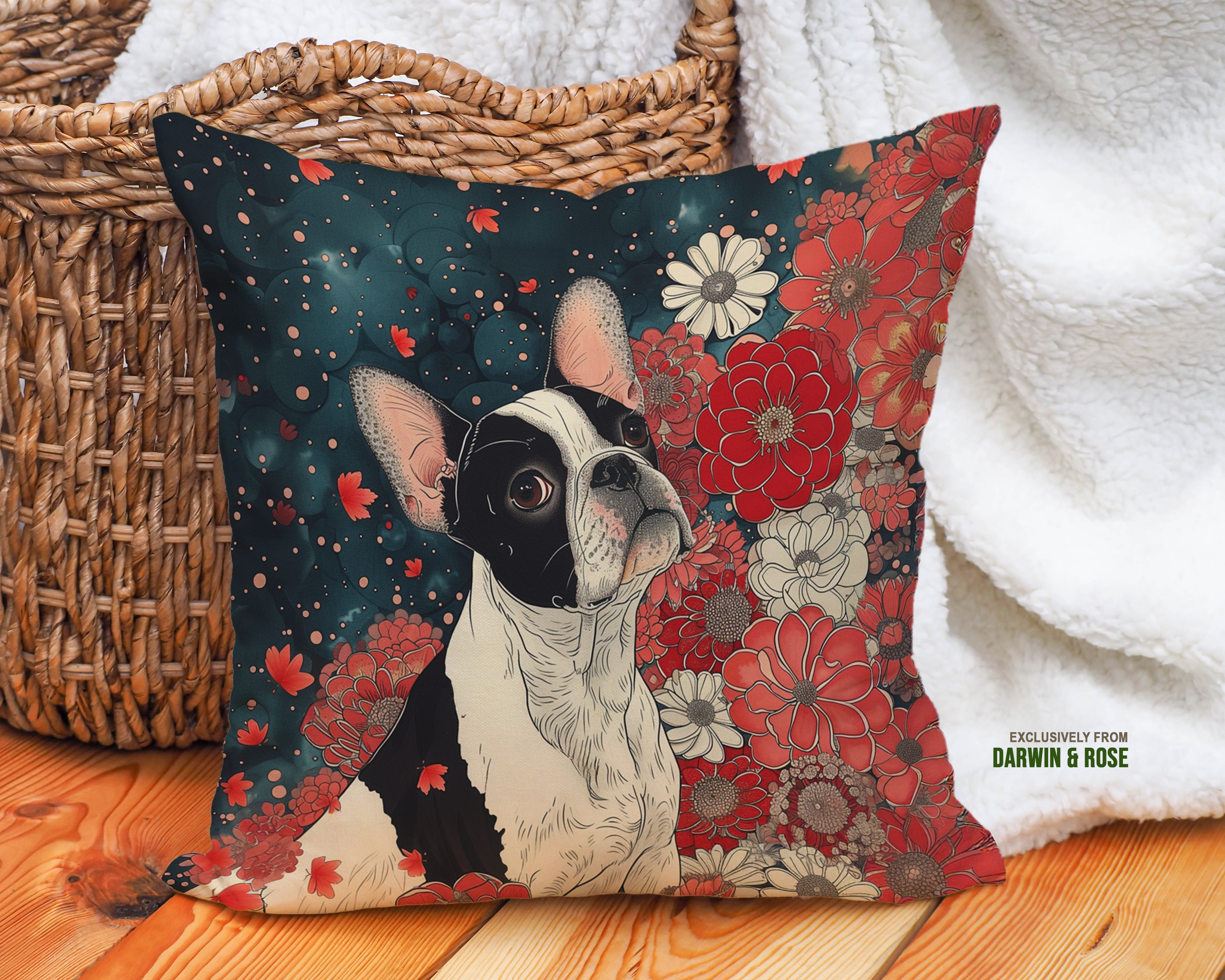 Boston Terrier Floral Charm Throw Pillow - Modern Boho Style