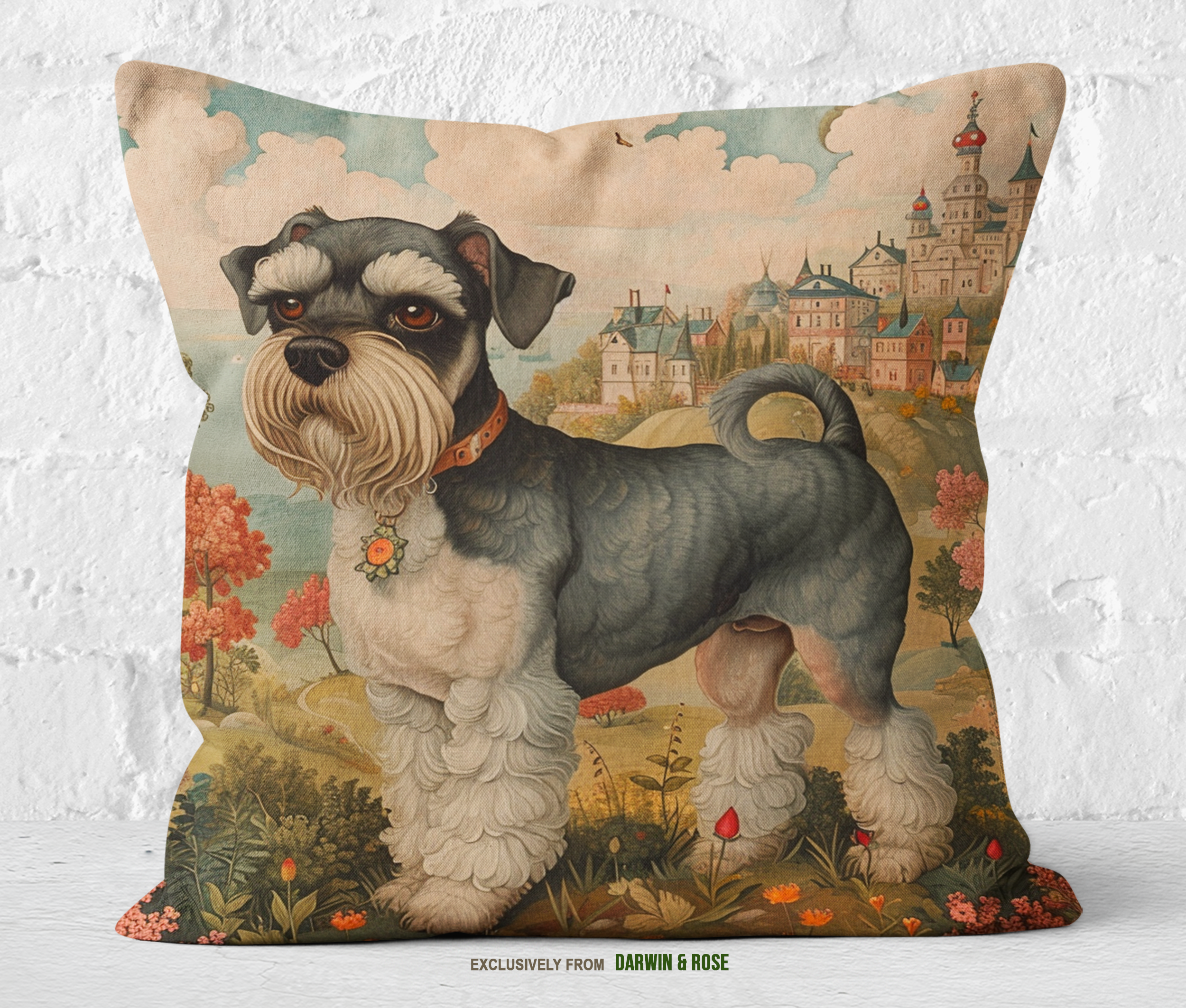 Victorian Charm Miniature Schnauzer Throw Pillow – Whimsical Farmhouse Style