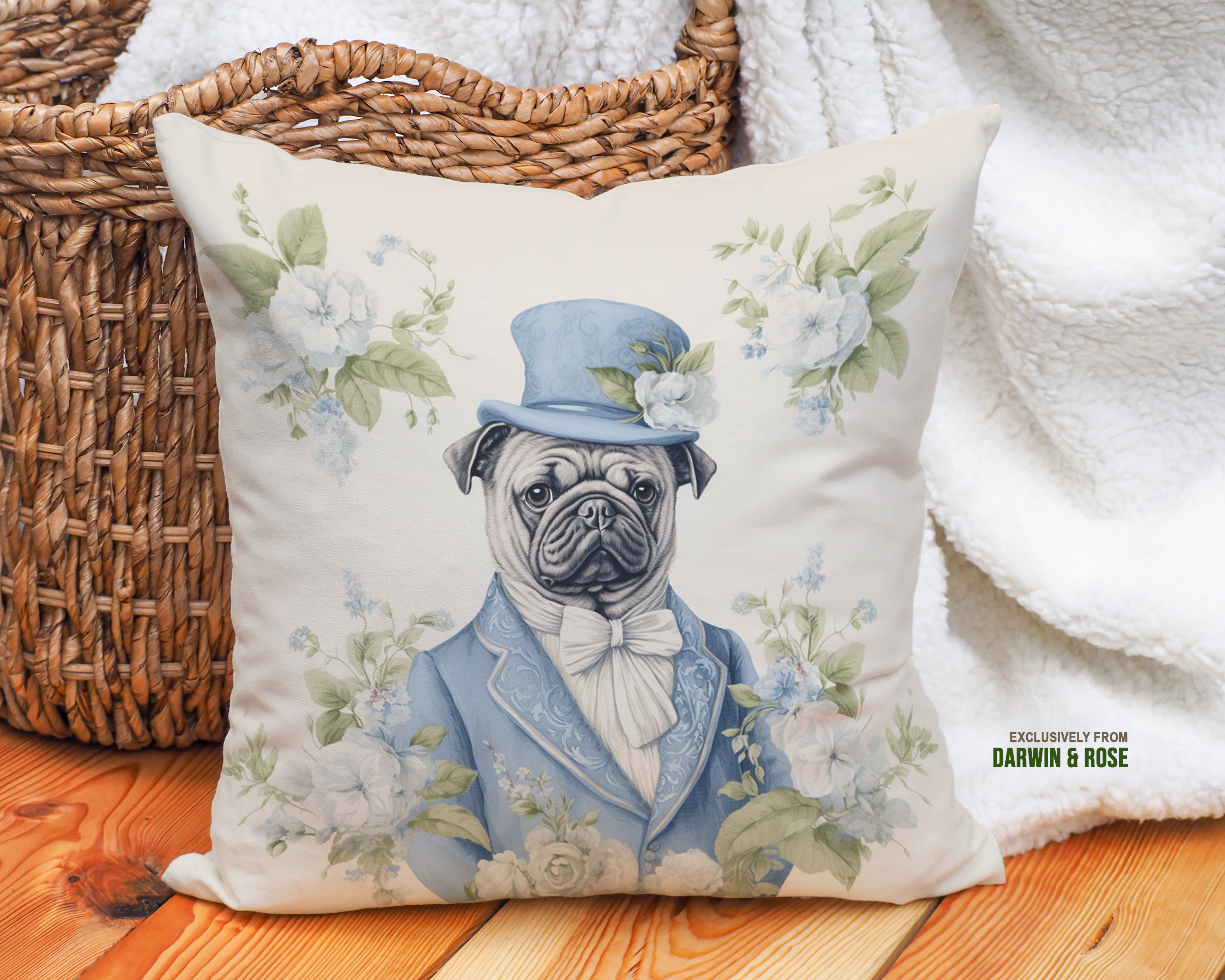 Dapper Pug in Blue Victorian Charm Throw Pillow