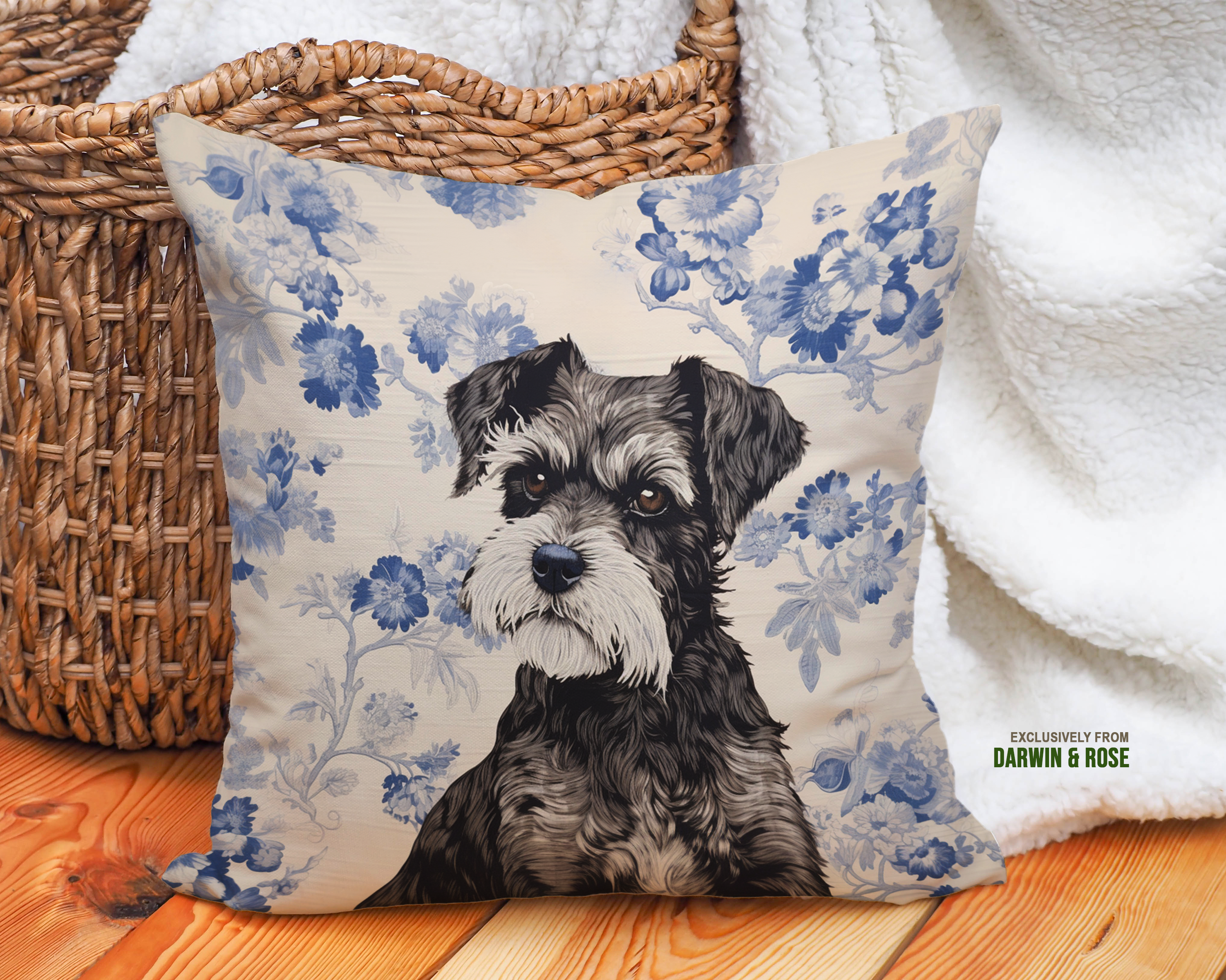 Miniature Schnauzer Blue Floral Throw Pillow – Modern Farmhouse Style