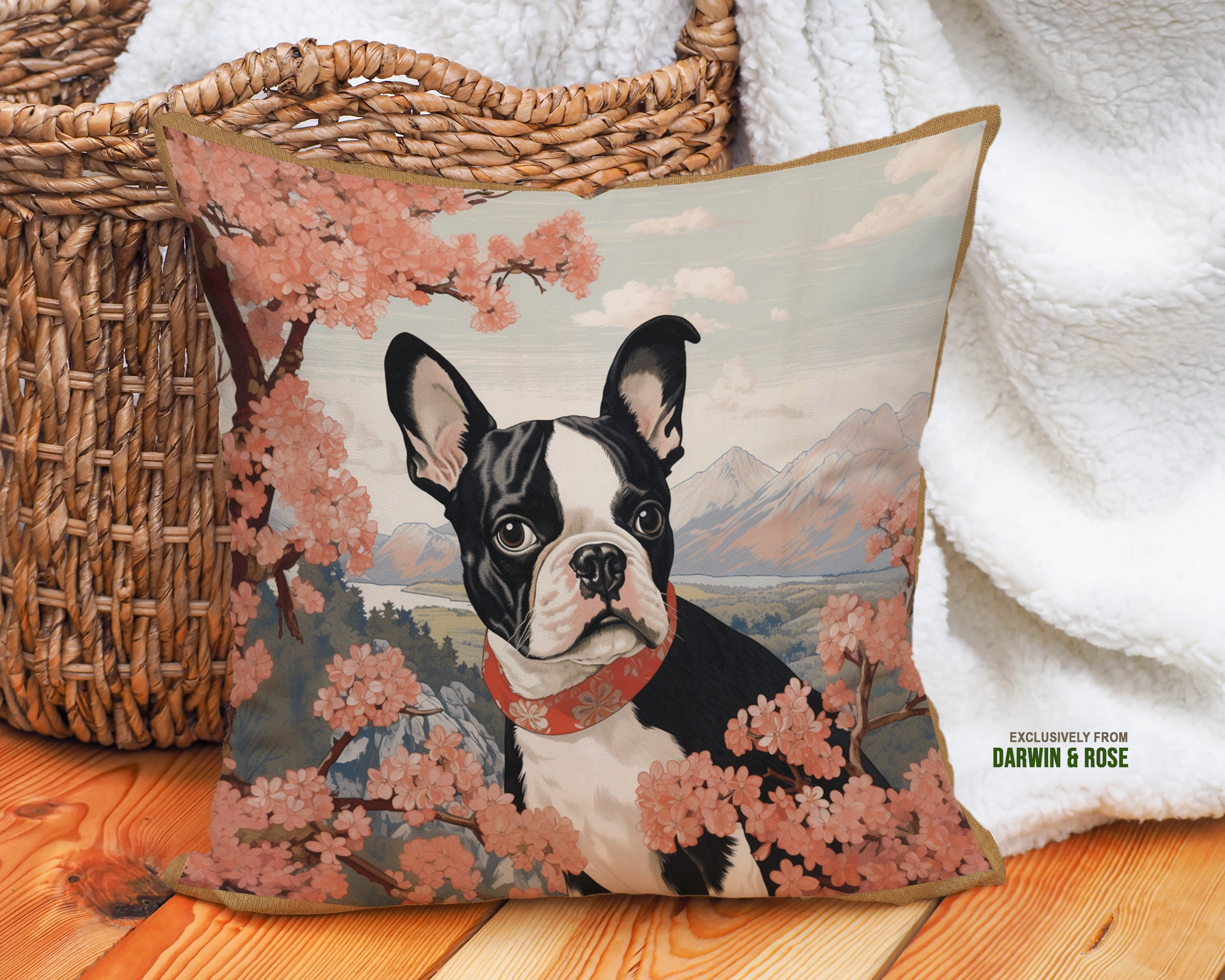 Boston Terrier Blossom Throw Pillow - Modern Spring Decor