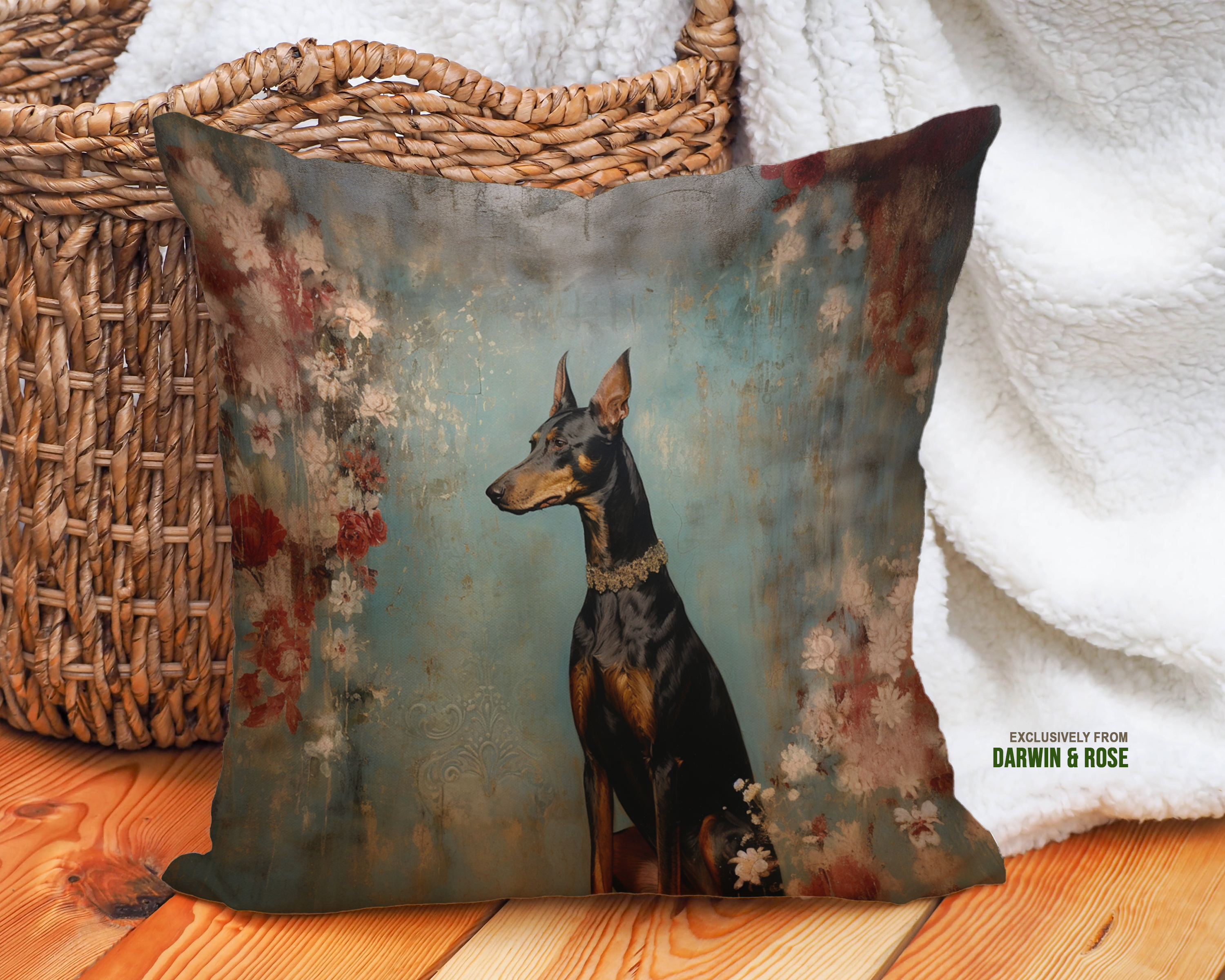 Elegant Doberman Pinscher Floral Art Throw Pillow – Vintage Chic Style