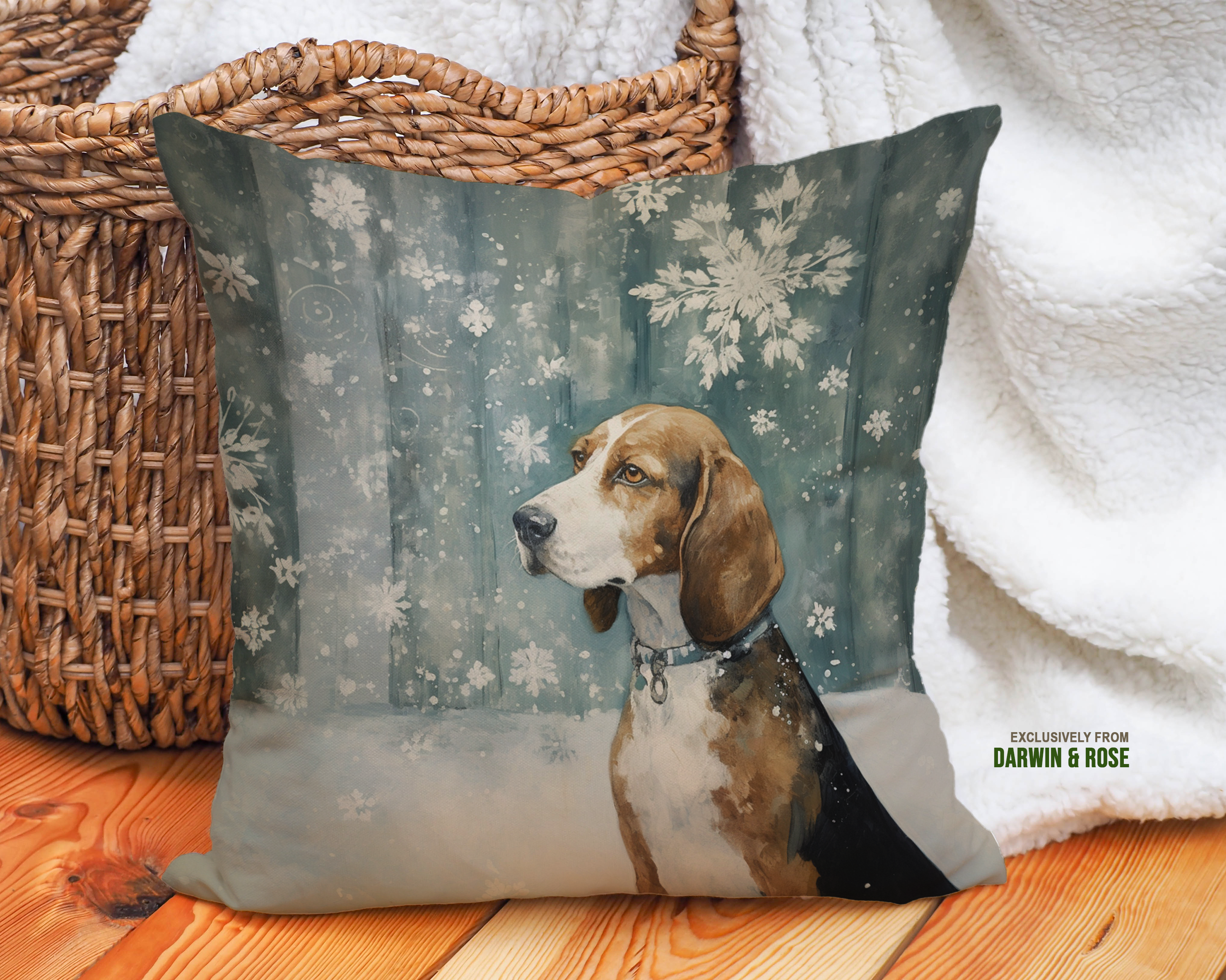 Beagle Winter Wonderland Throw Pillow – Rustic Holiday Decor