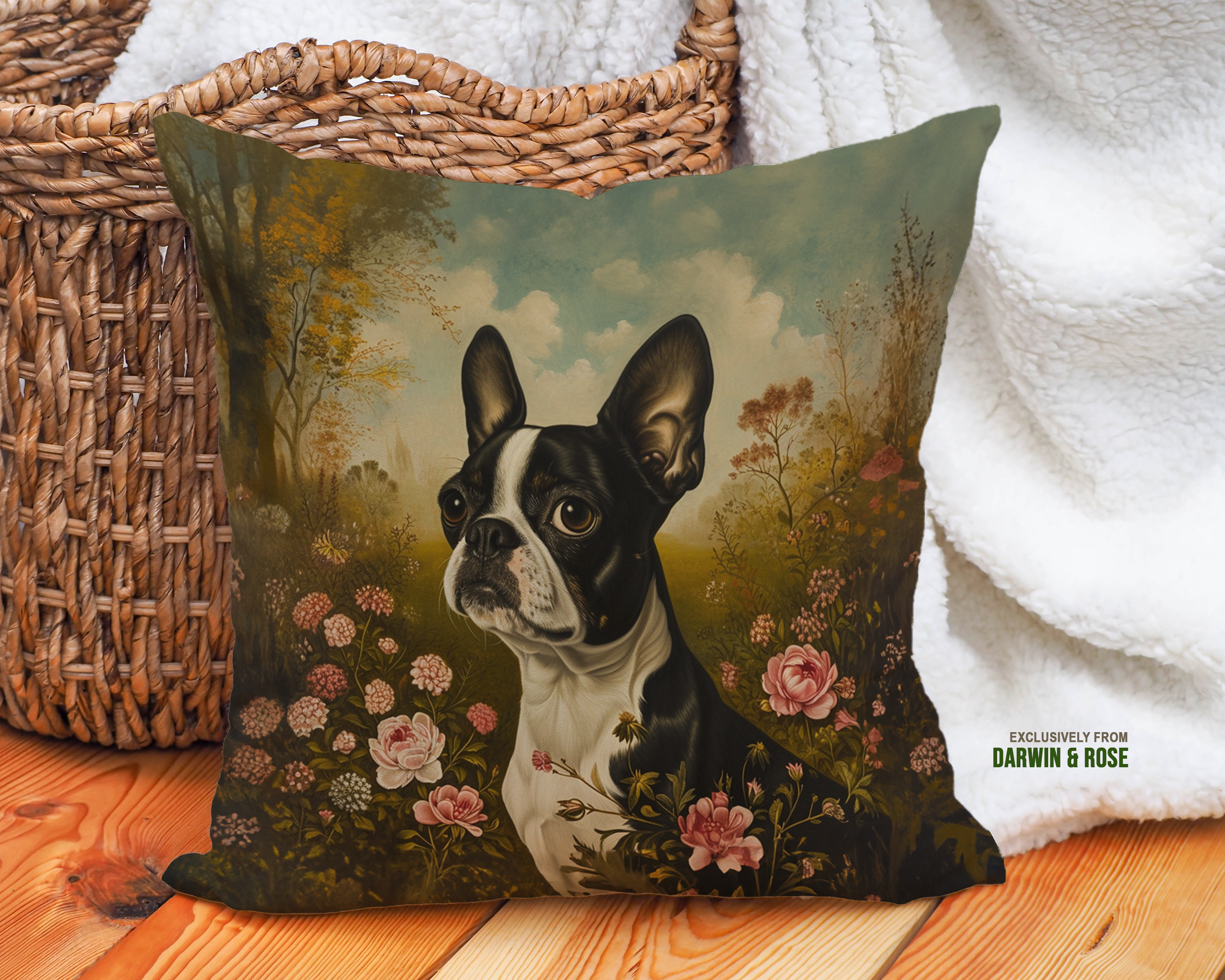 Boston Terrier Floral Portrait Throw Pillow – Vintage Cottage Style