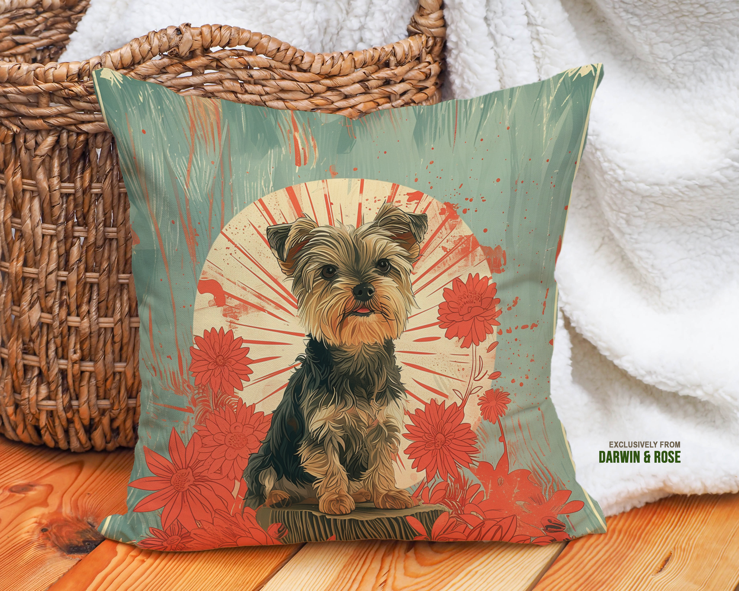 Yorkshire Terrier Boho Floral Throw Pillow – Modern Rustic Charm