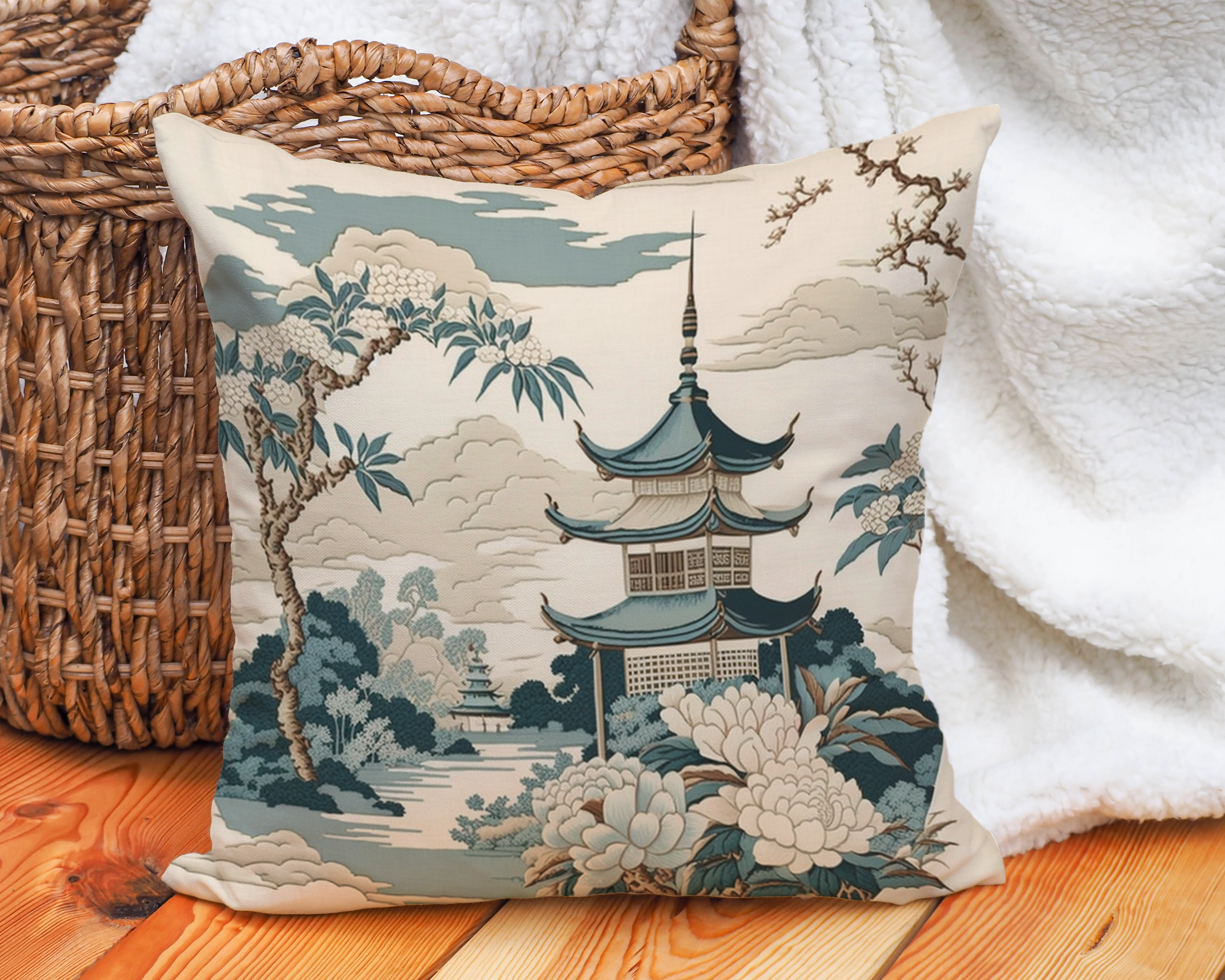 The Serene Pagoda Throw Pillow | Chinoiserie Zen Garden in Jade Green - Darwin & Rose