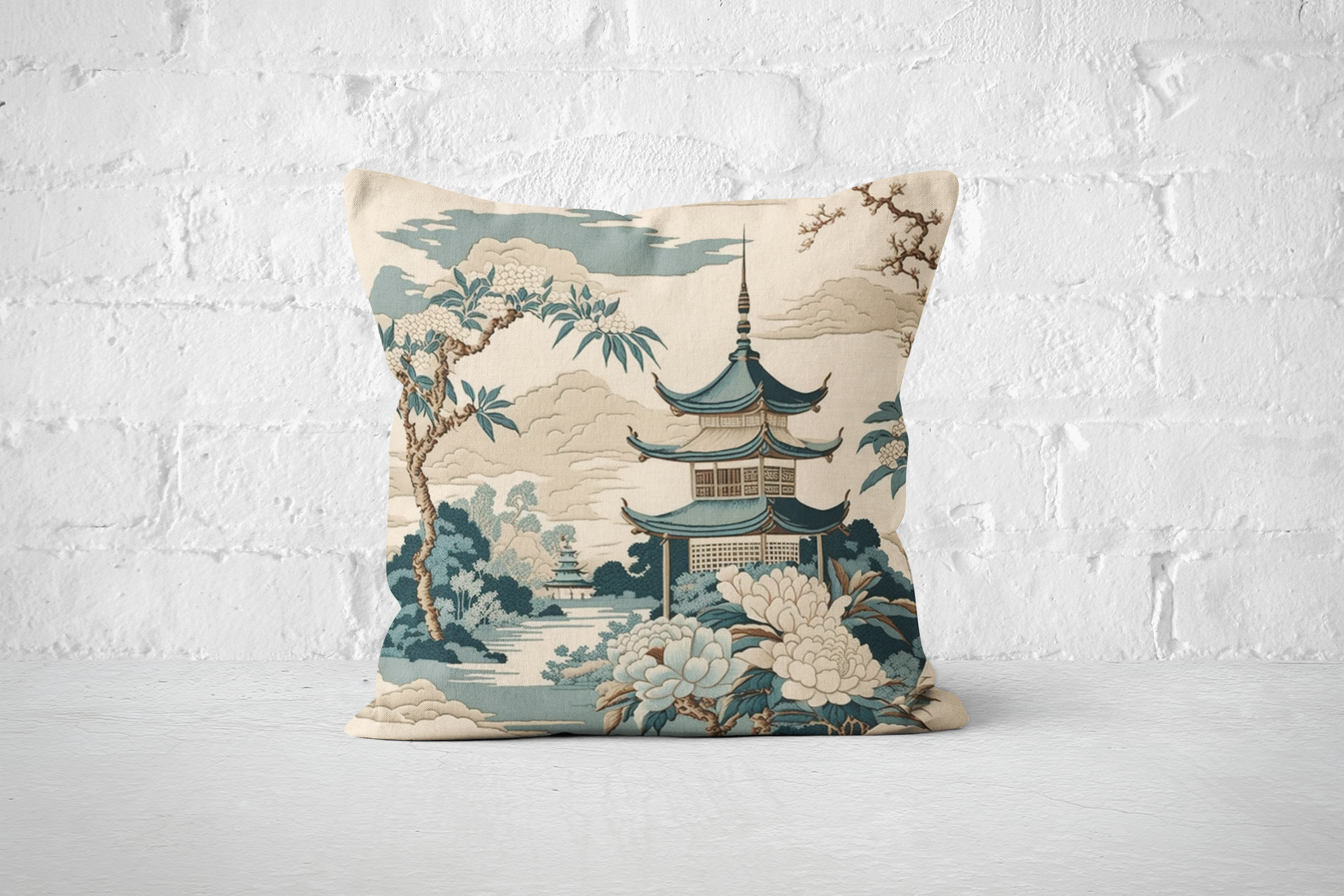 The Serene Pagoda Throw Pillow | Chinoiserie Zen Garden in Jade Green - Darwin & Rose