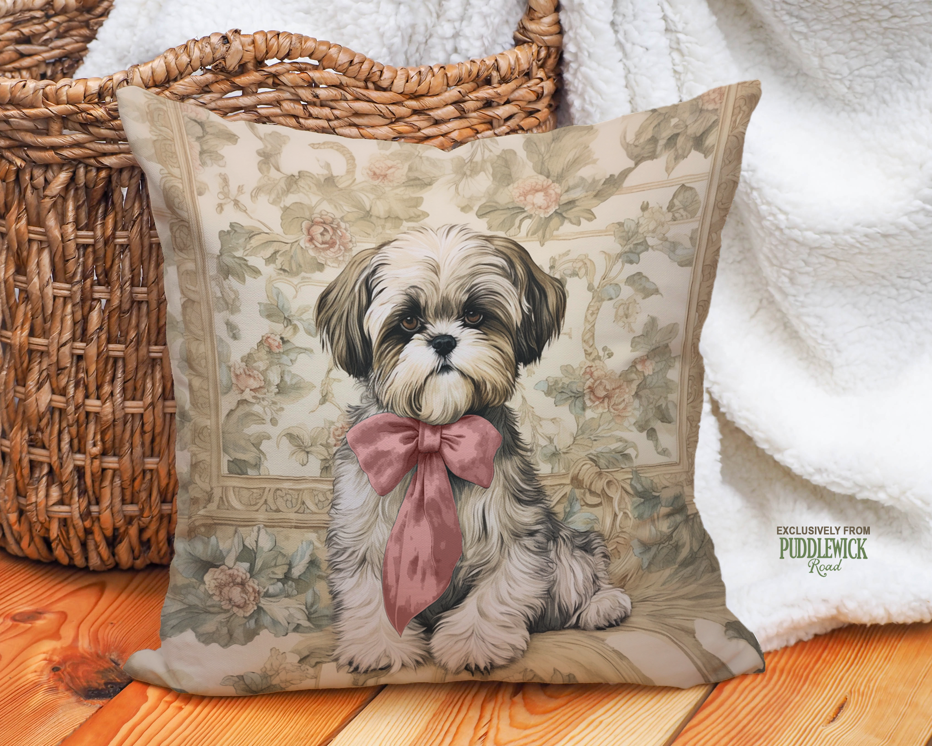 The Rose Bow Shih Tzu Throw Pillow | Vintage Floral Dog Cushion - Darwin & Rose