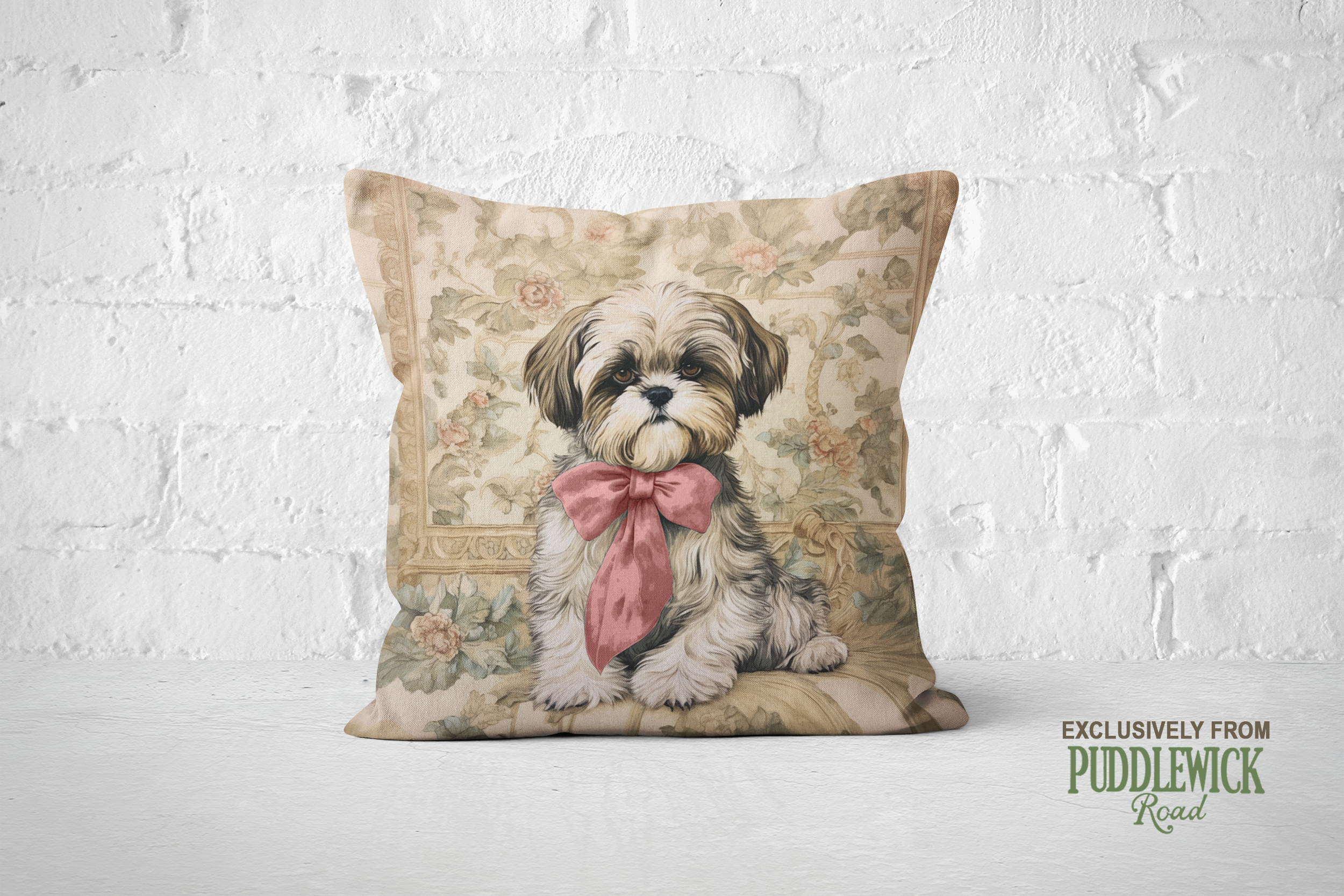 The Rose Bow Shih Tzu Throw Pillow | Vintage Floral Dog Cushion - Darwin & Rose